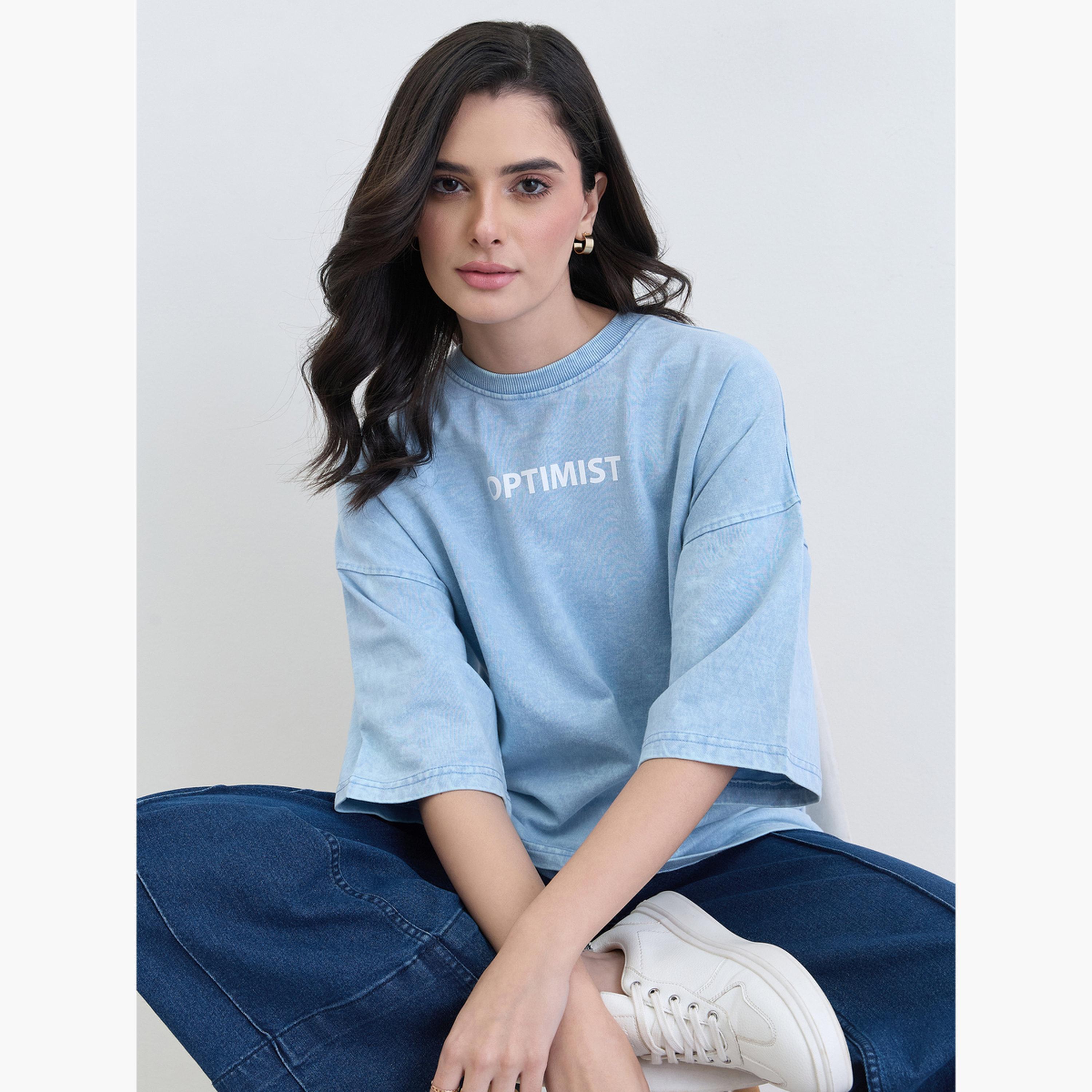 Styli Light Blue Oversized Slogan Print T-Shirt-women-clothing-tshirts-image-3