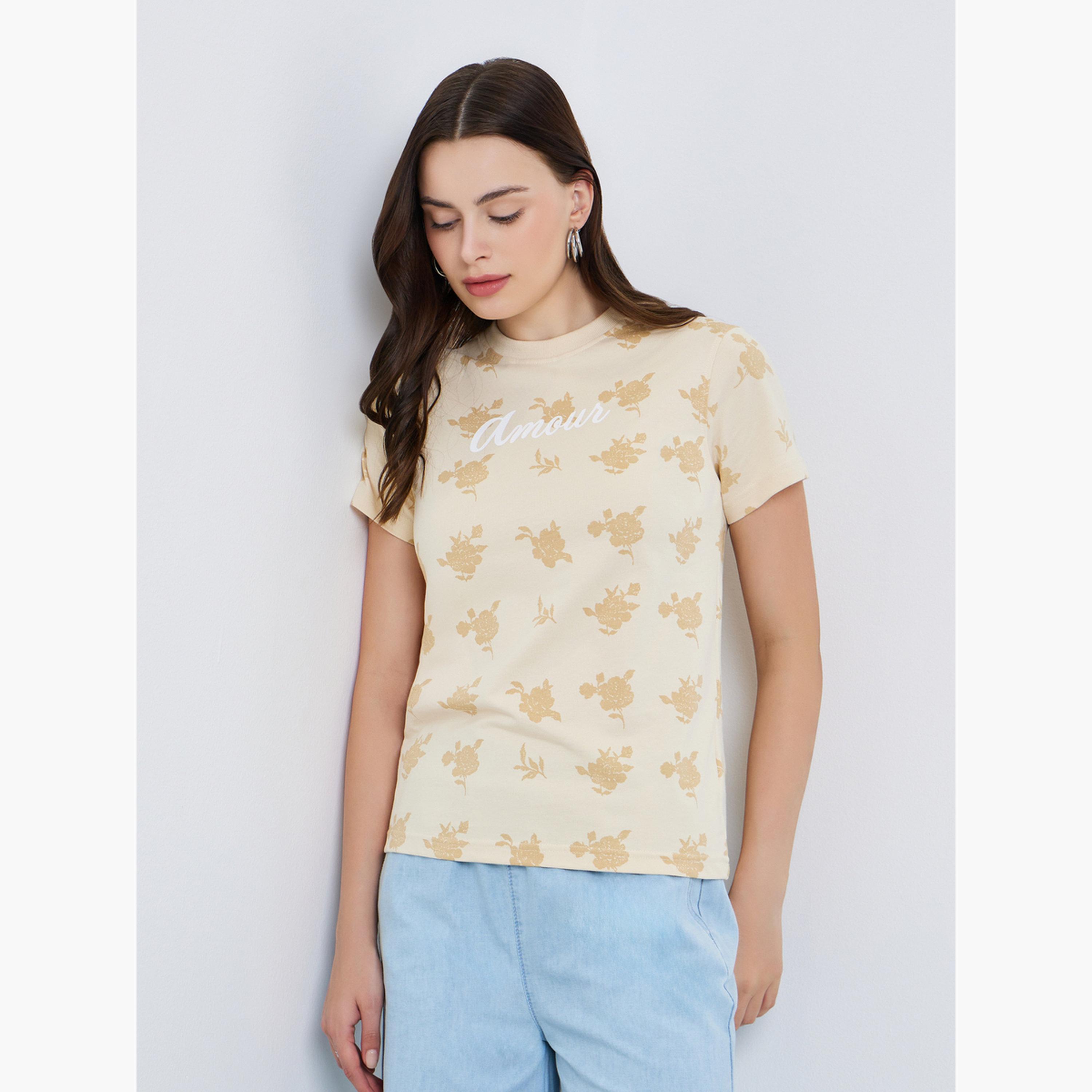 Styli Women Beige Floral Graphic 100% Cotton T-Shirt-women-clothing-tshirts-image-1