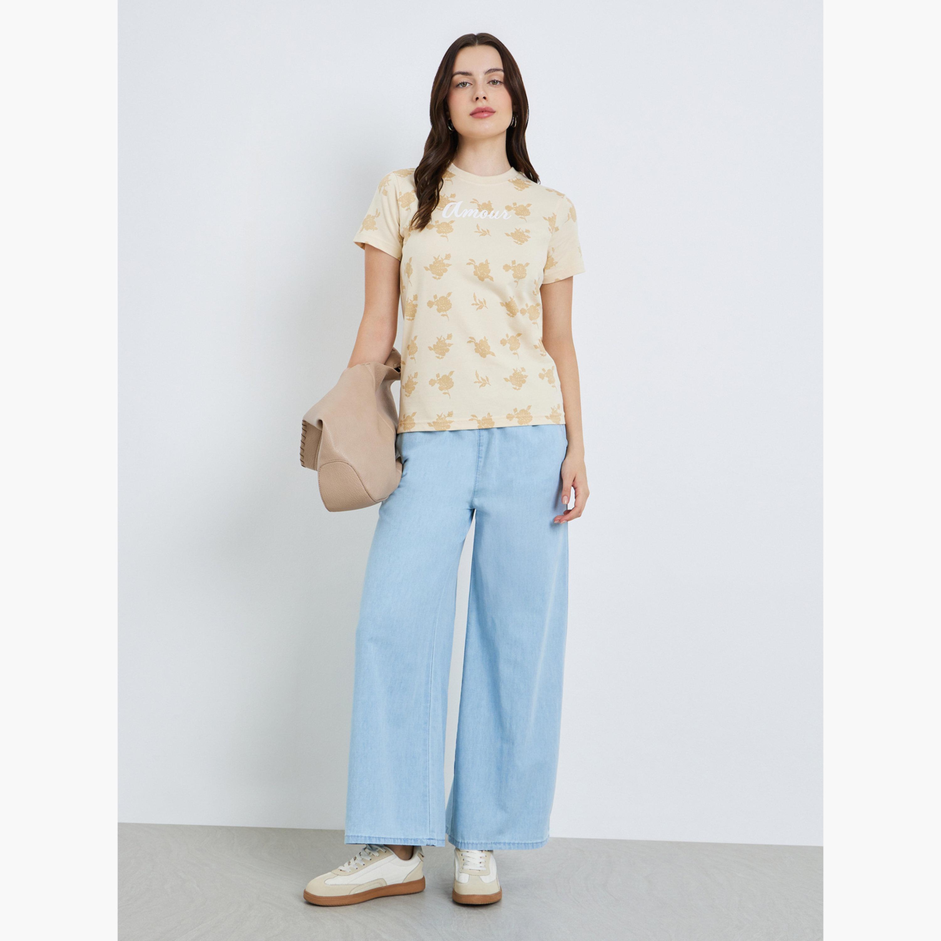 Styli Women Beige Floral Graphic 100% Cotton T-Shirt-women-clothing-tshirts-image-2