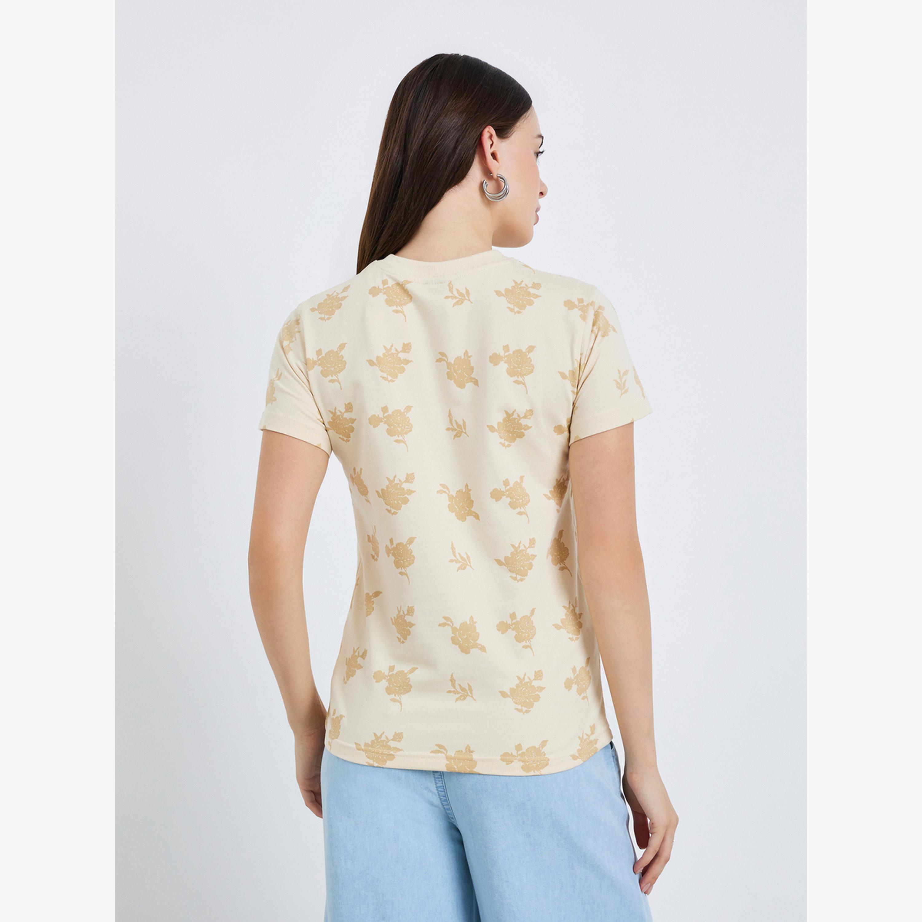 Styli Women Beige Floral Graphic 100% Cotton T-Shirt-women-clothing-tshirts-image-4