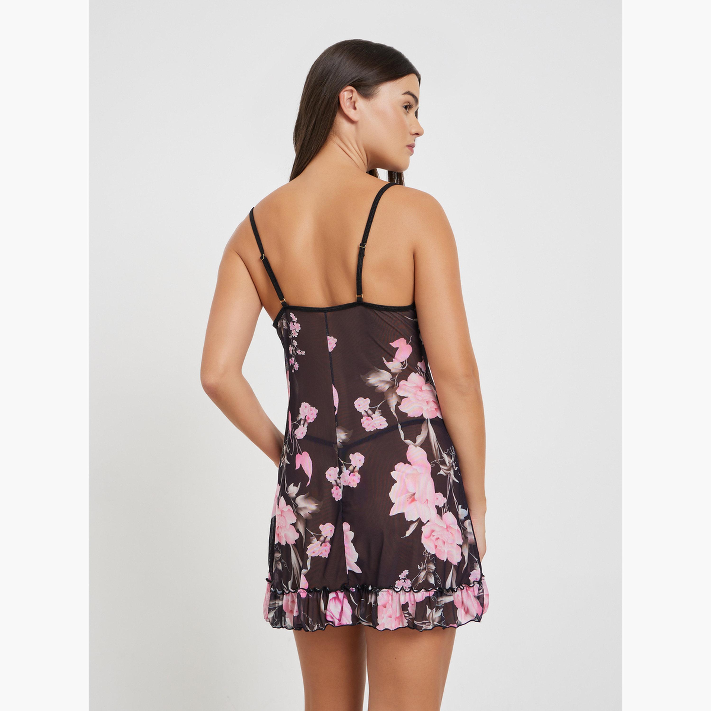 ستايلي - بيبي دول بطبعة زهور وحافة مكشكشة مع سروال داخلي-women-clothing-lingerie-babydollsandbodysuits-image-3