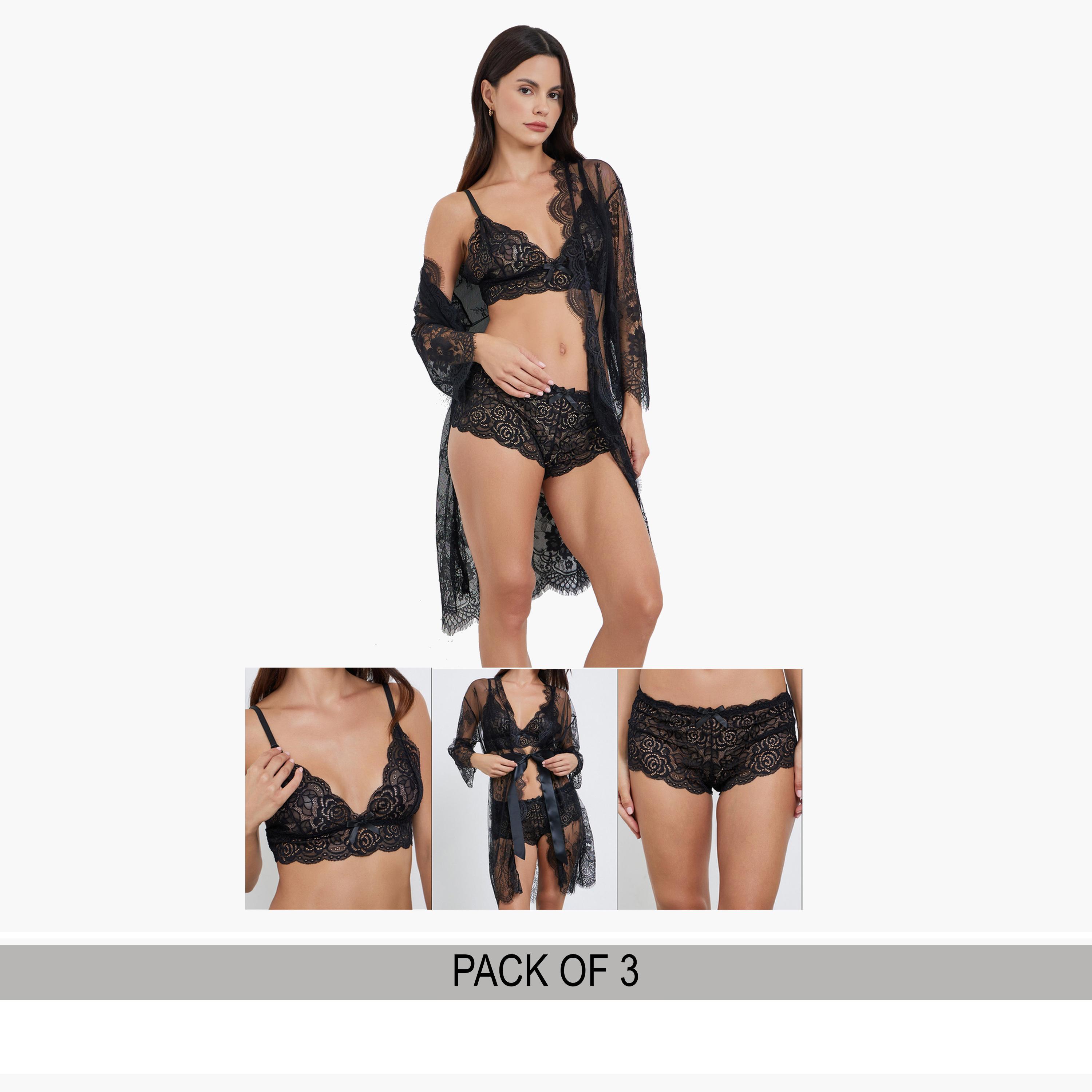 ستايلي - طقم 3 قطع - حمالة صدر دانتيل، شورت وروب-women-clothing-lingerie-lingeriesets-image-1