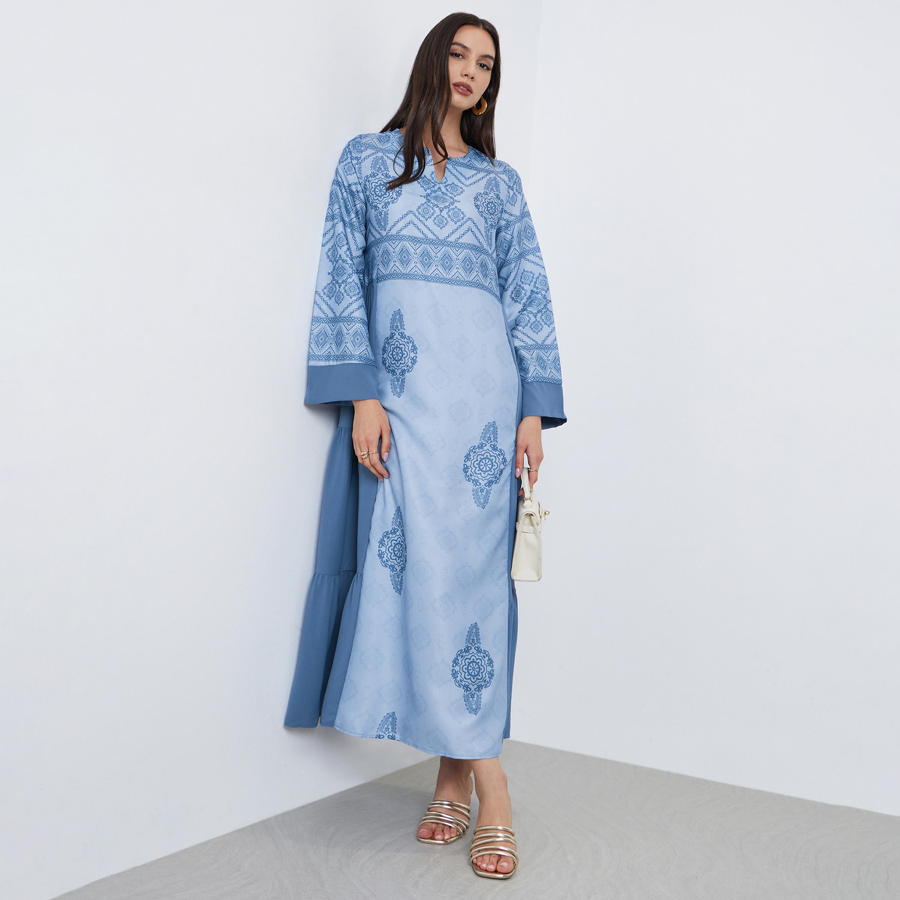 Take Two Blue Graphic Print Tiered Jalabiya-women-arabicclothing-jalabiyas-image-1