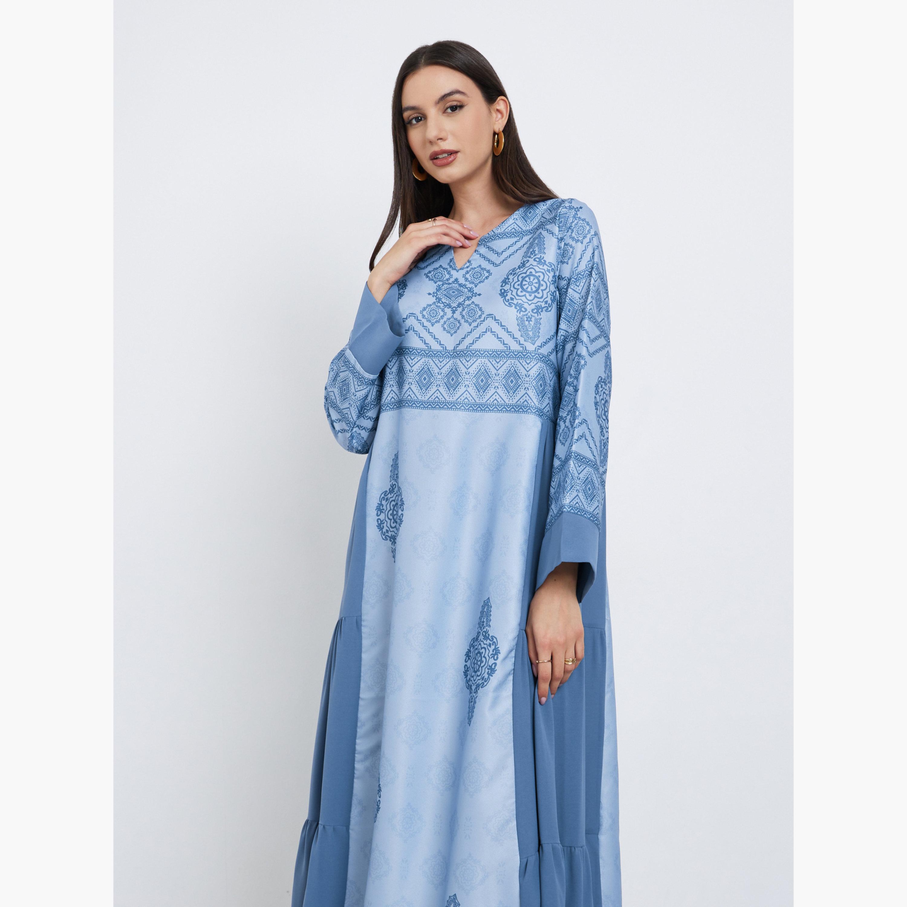 Take Two Blue Graphic Print Tiered Jalabiya-women-arabicclothing-jalabiyas-image-2