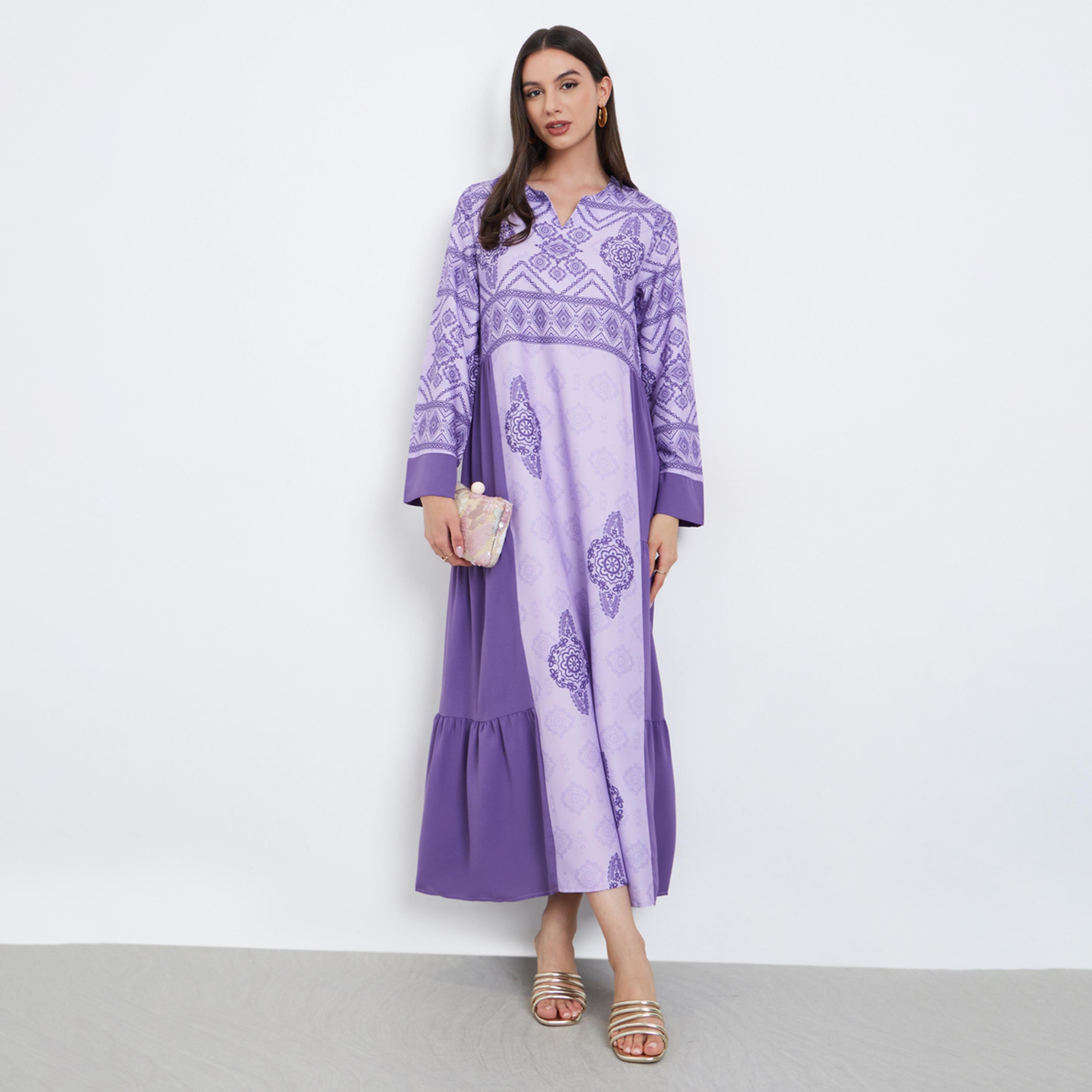 تيك تو - جلابية أرجوانية مطبوعة برسومات متعددة الطبقات-women-arabicclothing-jalabiyas-image-1