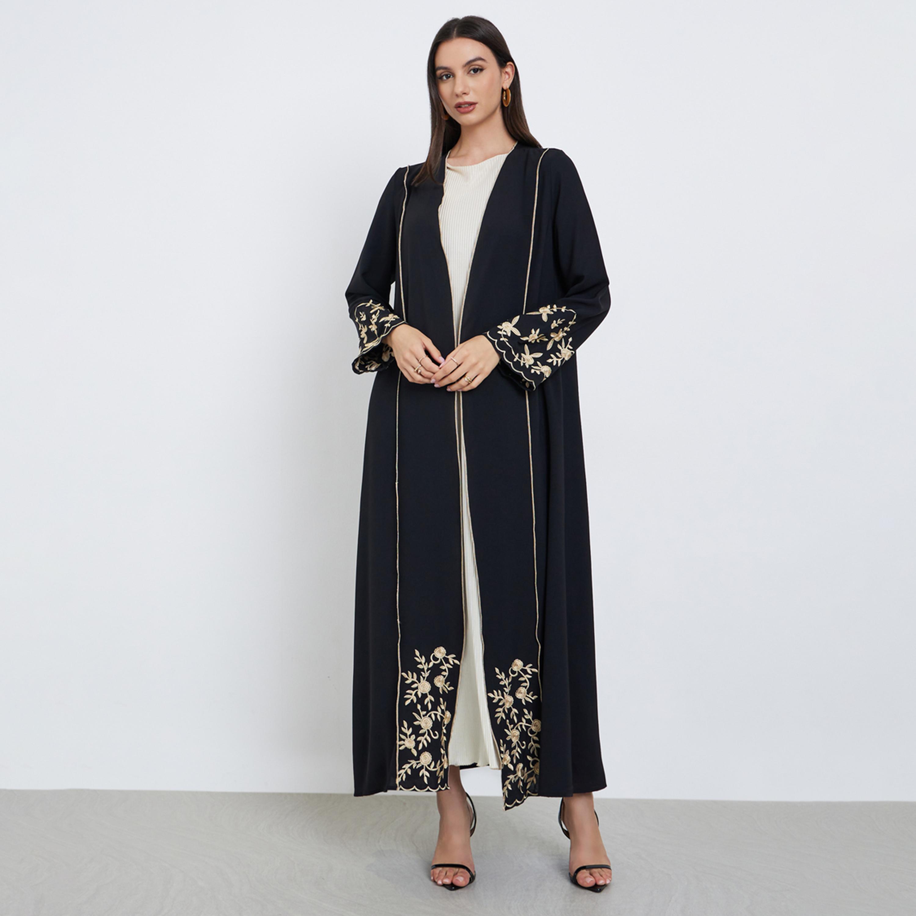 Take Two Black Floral Embroidered Front Open Abaya-women-arabicclothing-abayas-image-1