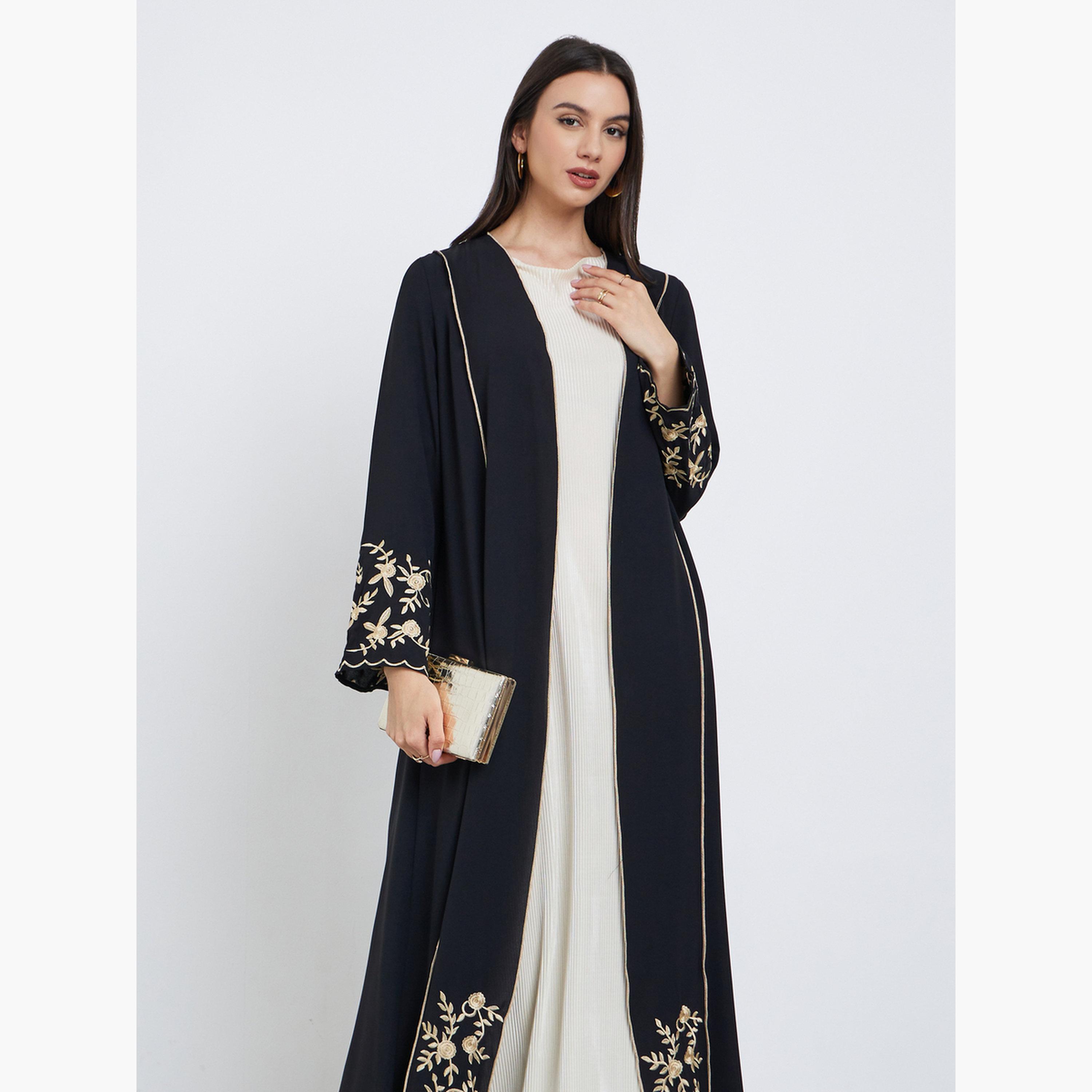 Take Two Black Floral Embroidered Front Open Abaya-women-arabicclothing-abayas-image-2