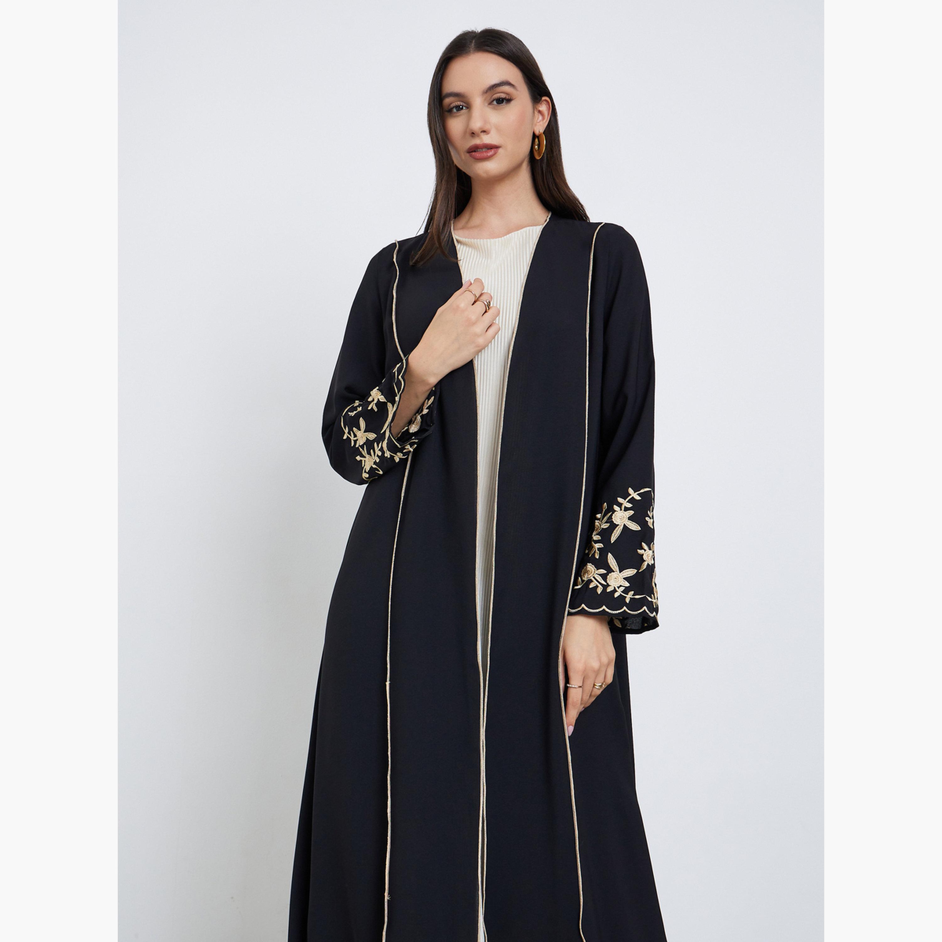 Take Two Black Floral Embroidered Front Open Abaya-women-arabicclothing-abayas-image-3