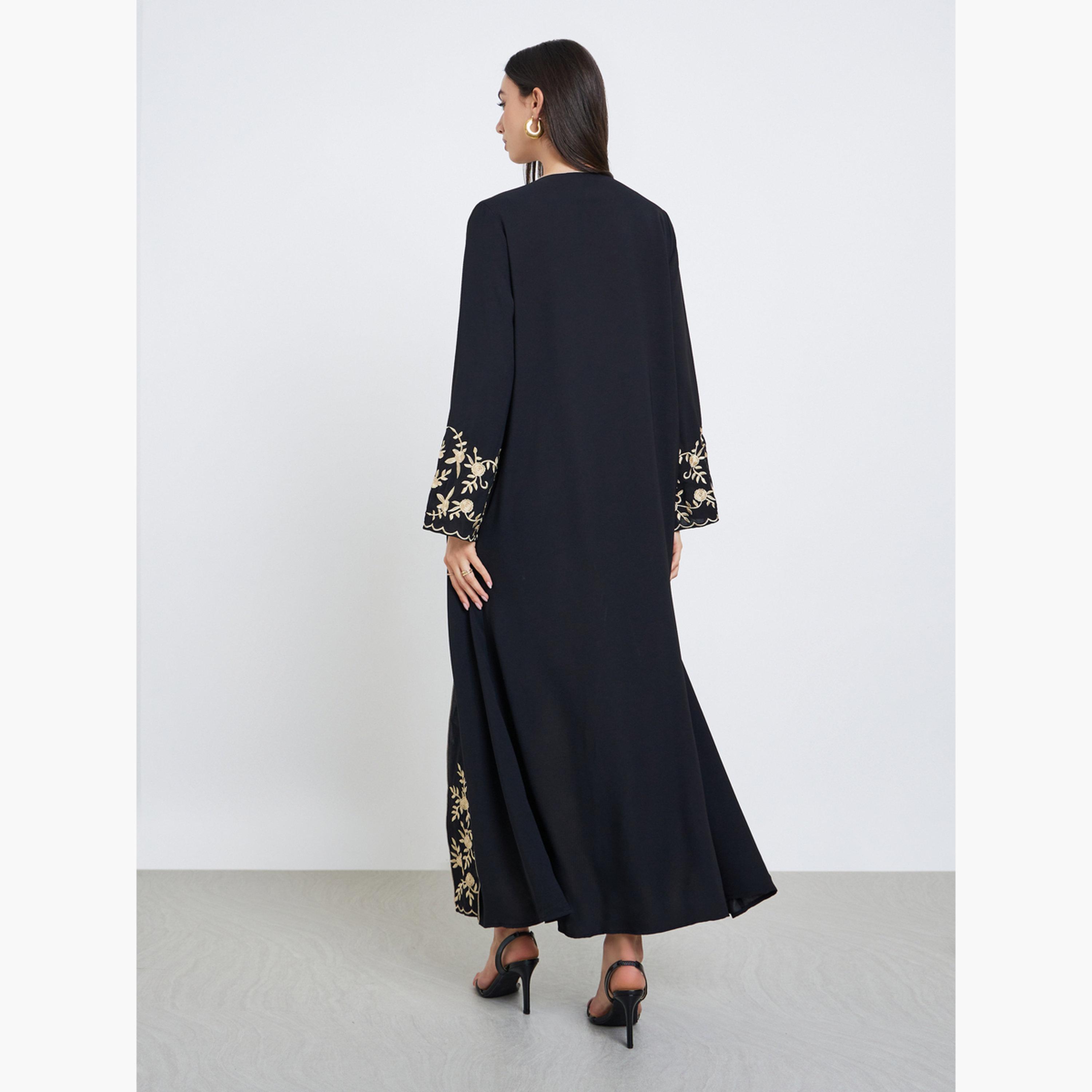 Take Two Black Floral Embroidered Front Open Abaya-women-arabicclothing-abayas-image-4