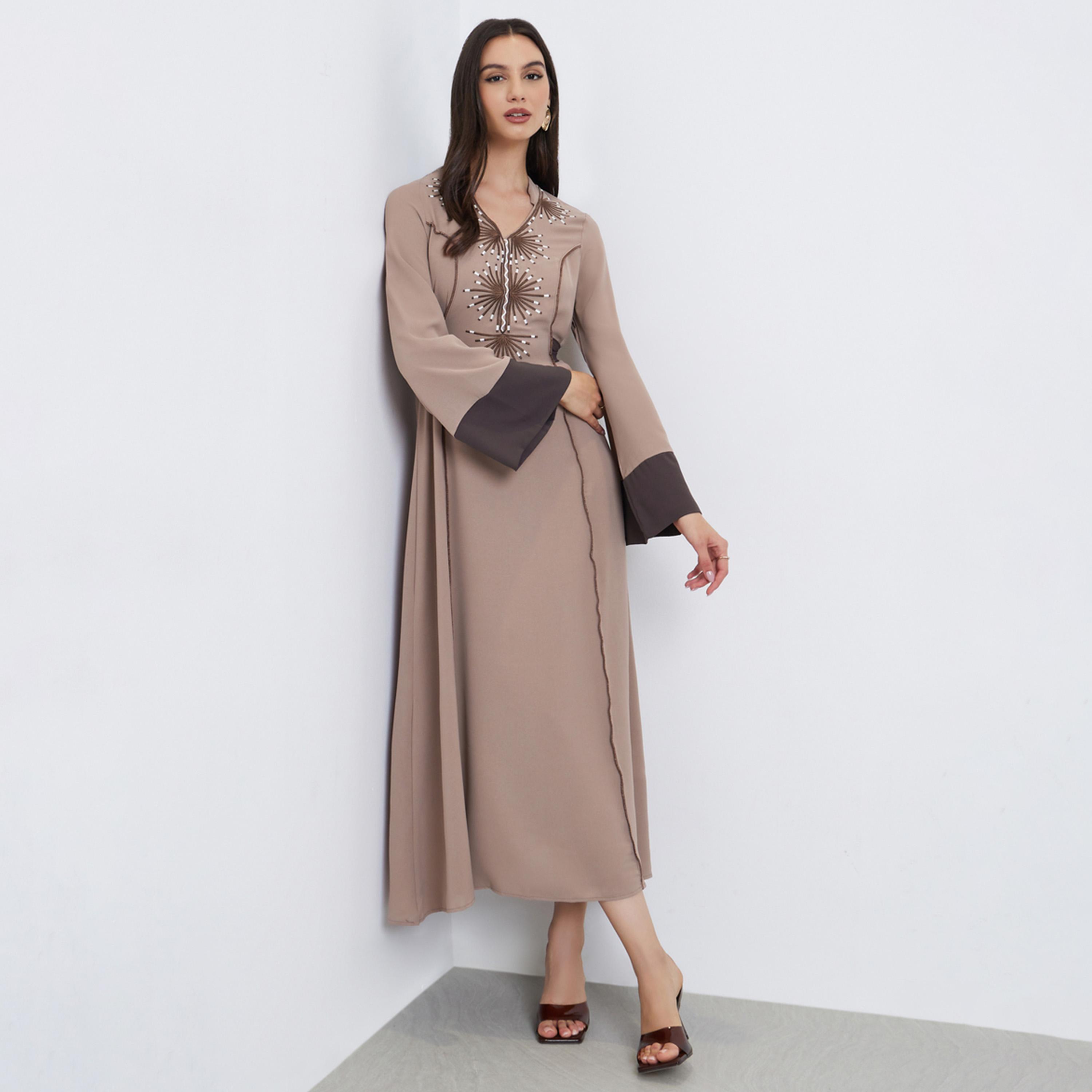 تيك تو - فستان ماكسي مطرز لون بيج برباط خلفي-women-clothing-dresses-image-1