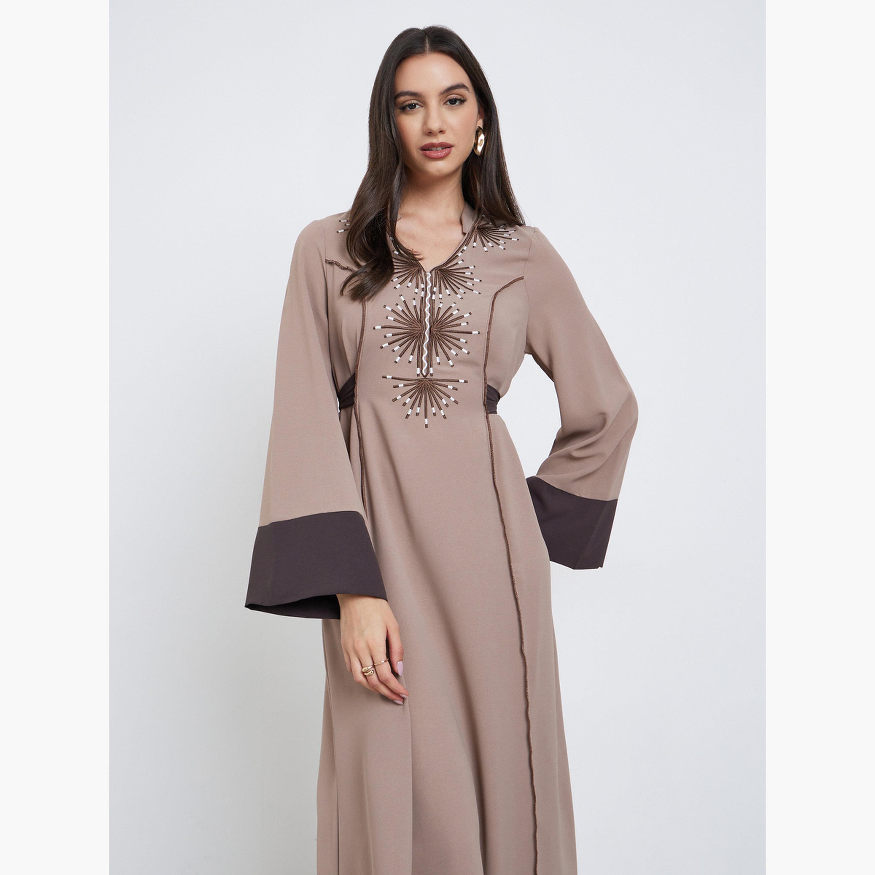 تيك تو - فستان ماكسي مطرز لون بيج برباط خلفي-women-clothing-dresses-image-2