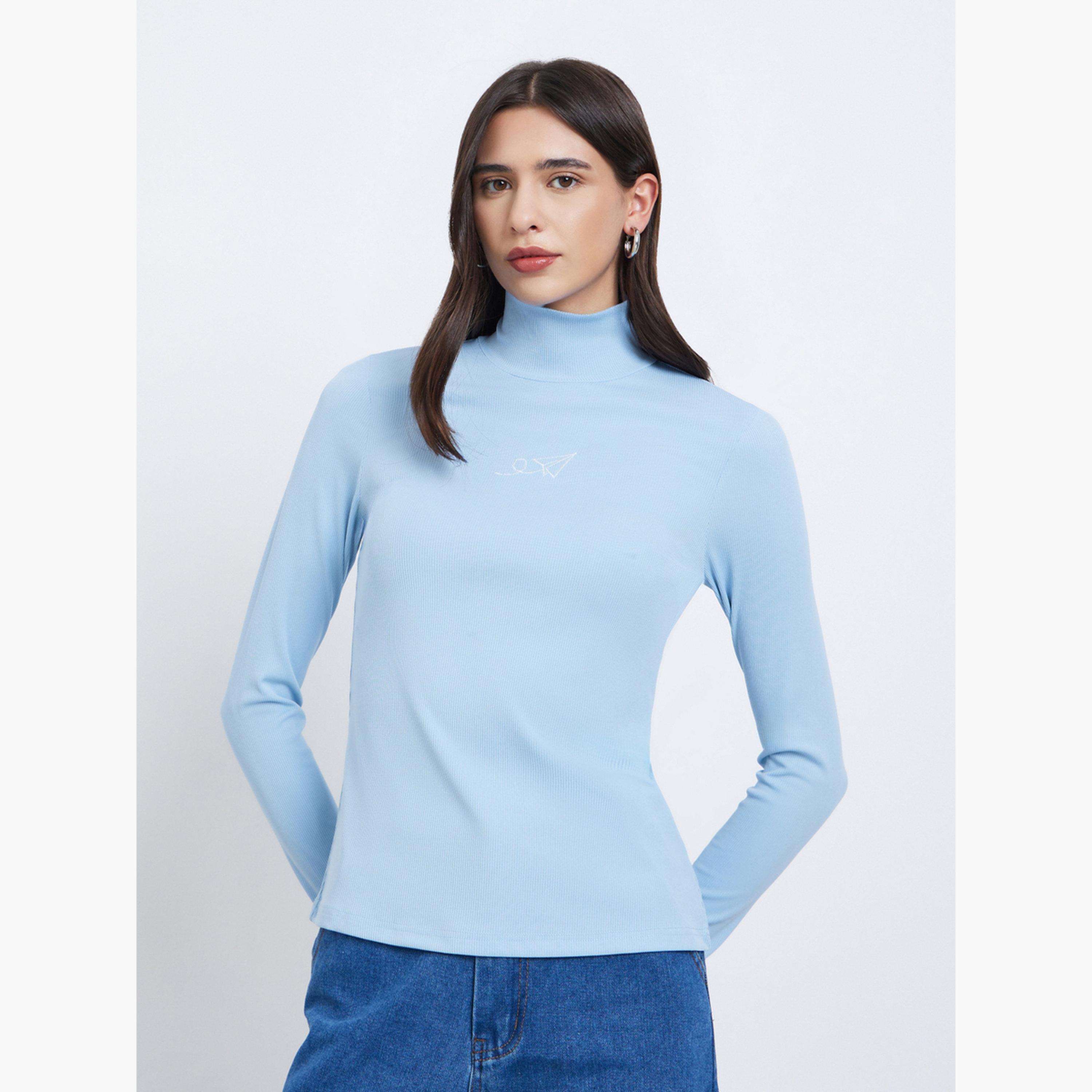 Take Two Women Blue Embroidered High Neck T-Shirt-women-clothing-tshirts-image-1