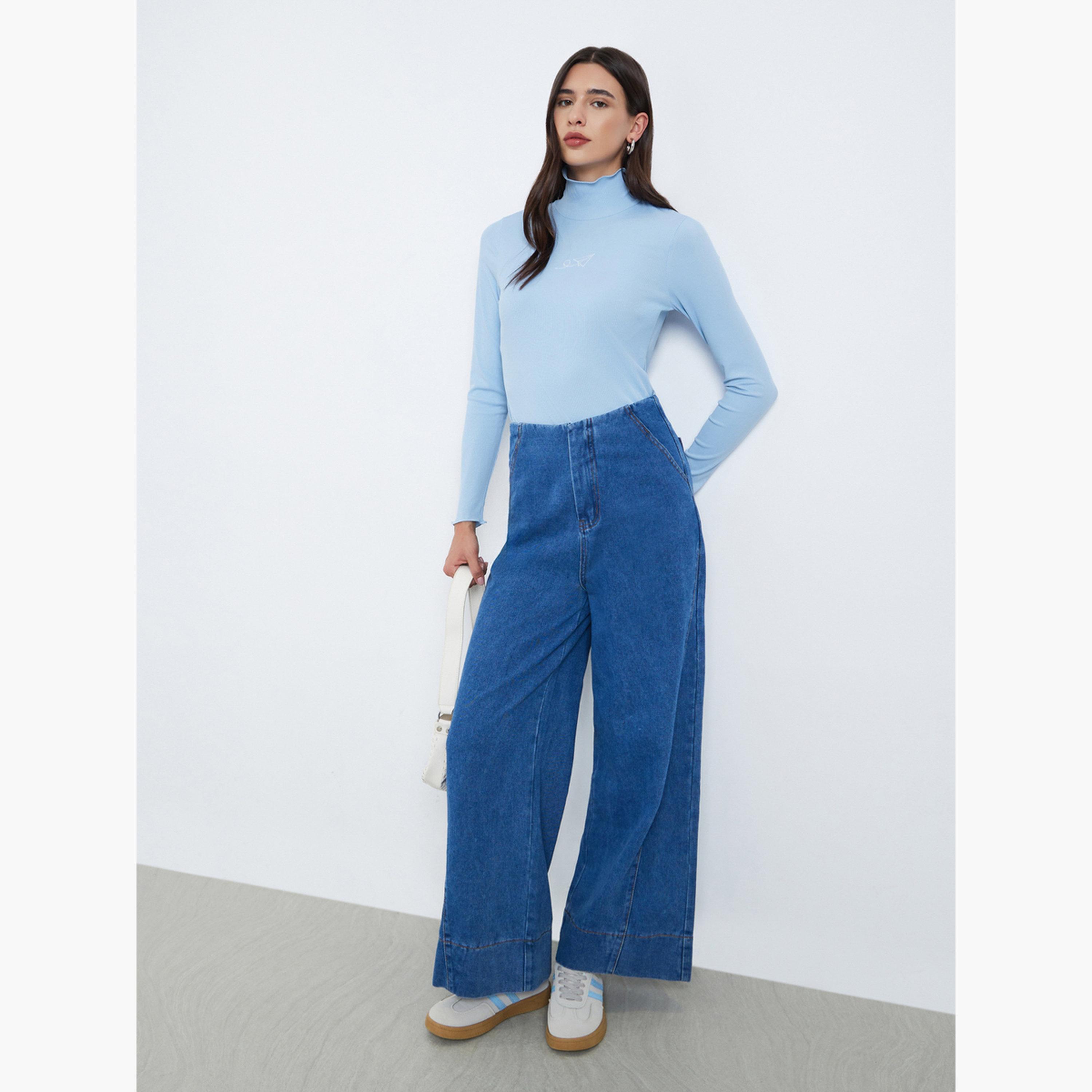 Take Two Women Blue Embroidered High Neck T-Shirt-women-clothing-tshirts-image-2