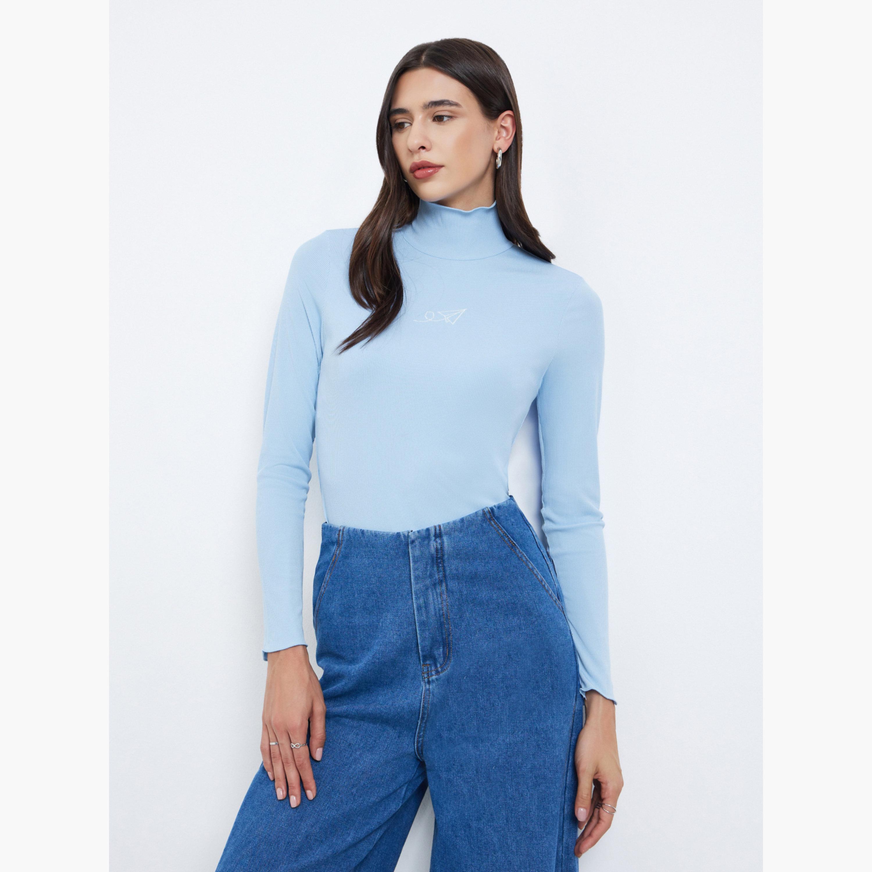 Take Two Women Blue Embroidered High Neck T-Shirt-women-clothing-tshirts-image-3