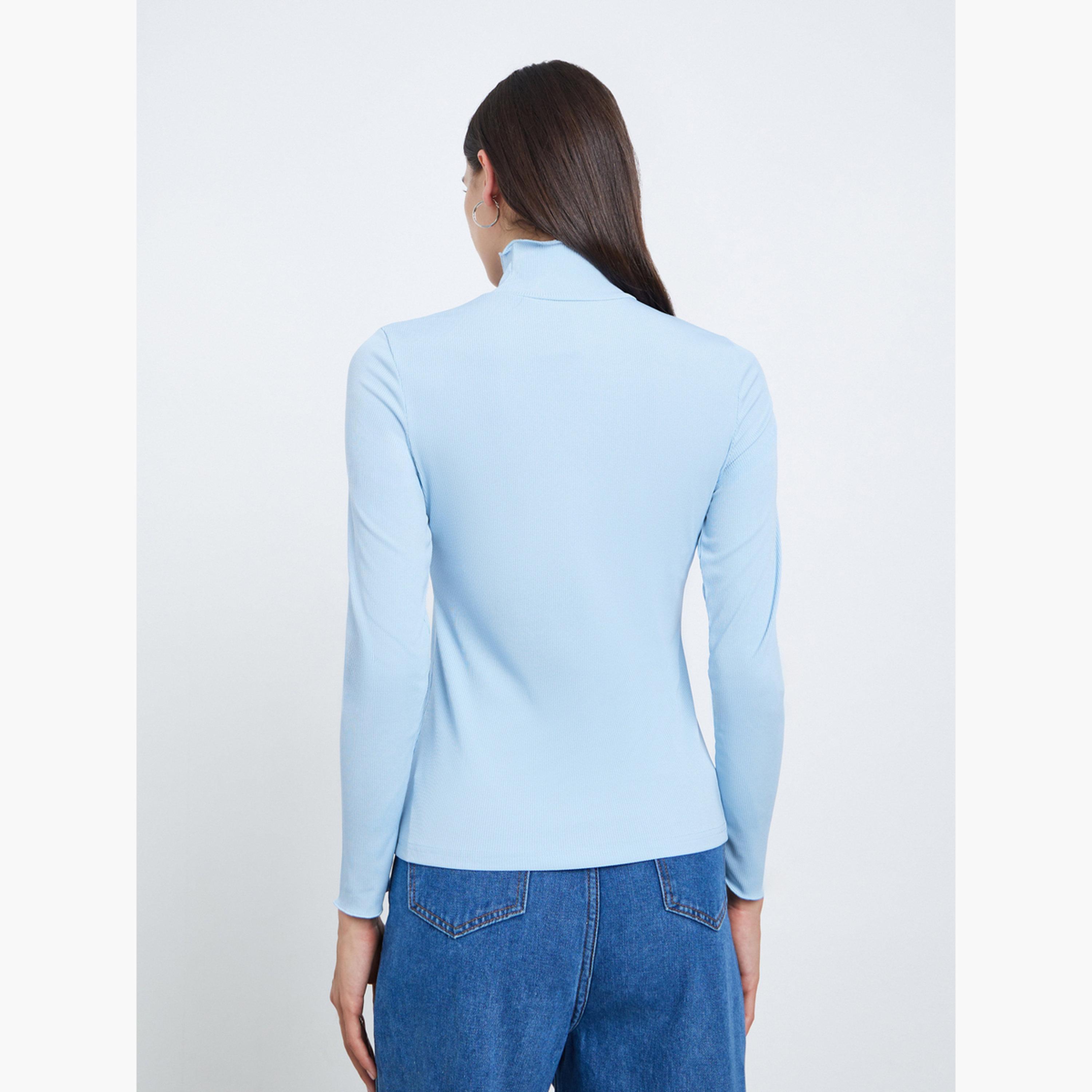 Take Two Women Blue Embroidered High Neck T-Shirt-women-clothing-tshirts-image-5