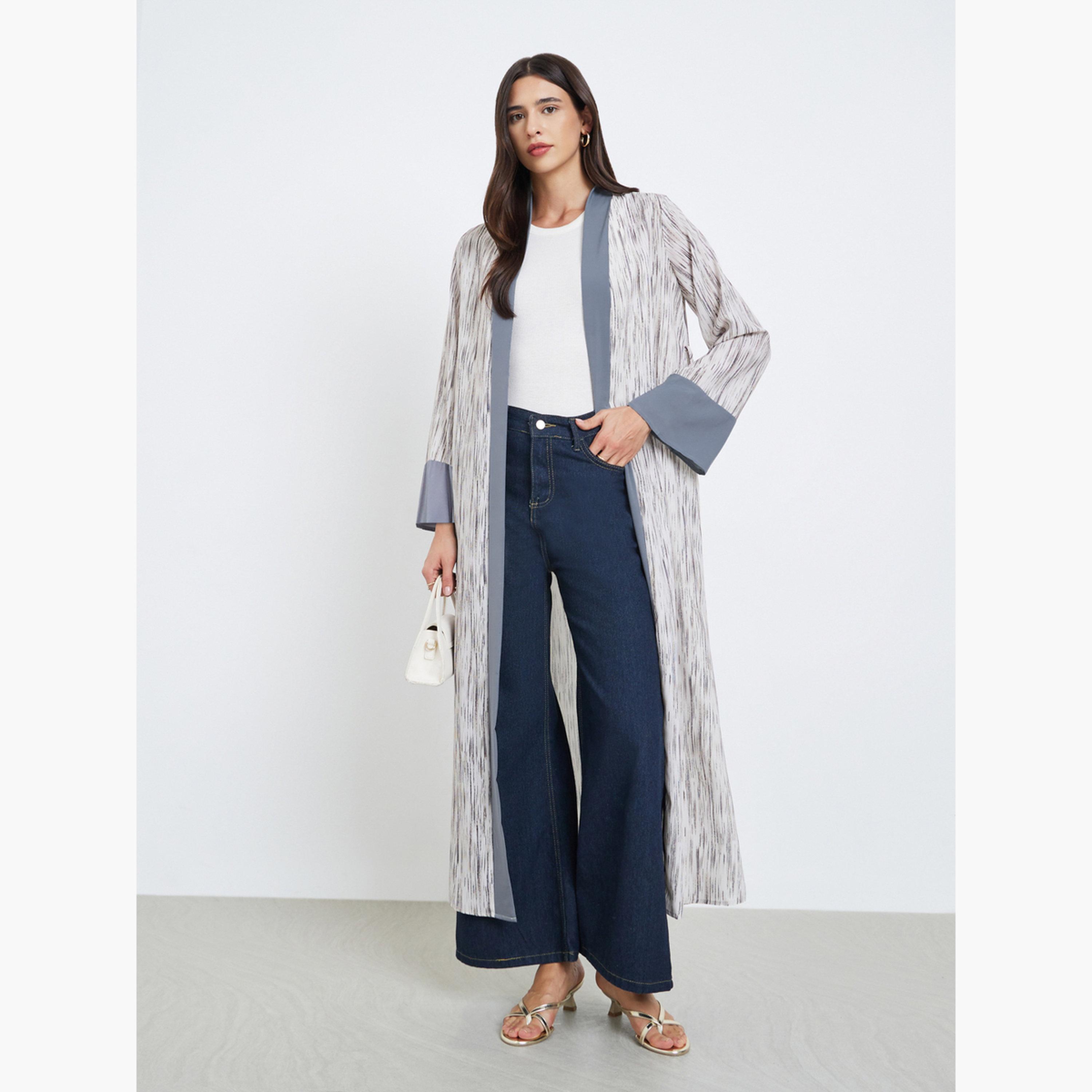 Take Two Women Contrast Trim Printed Abaya with Tie Belt-women-arabicclothing-abayas-image-1