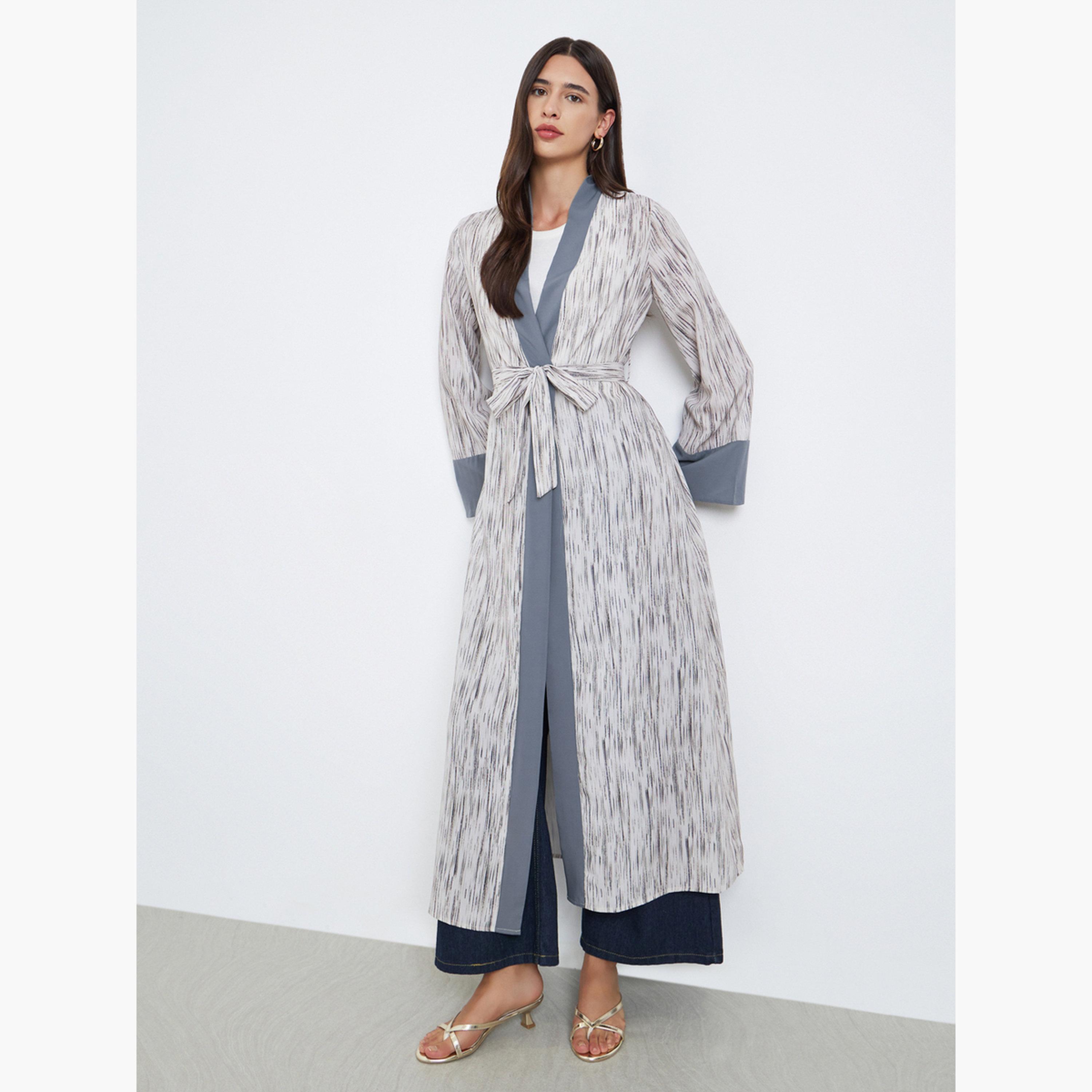 Take Two Women Contrast Trim Printed Abaya with Tie Belt-women-arabicclothing-abayas-image-2