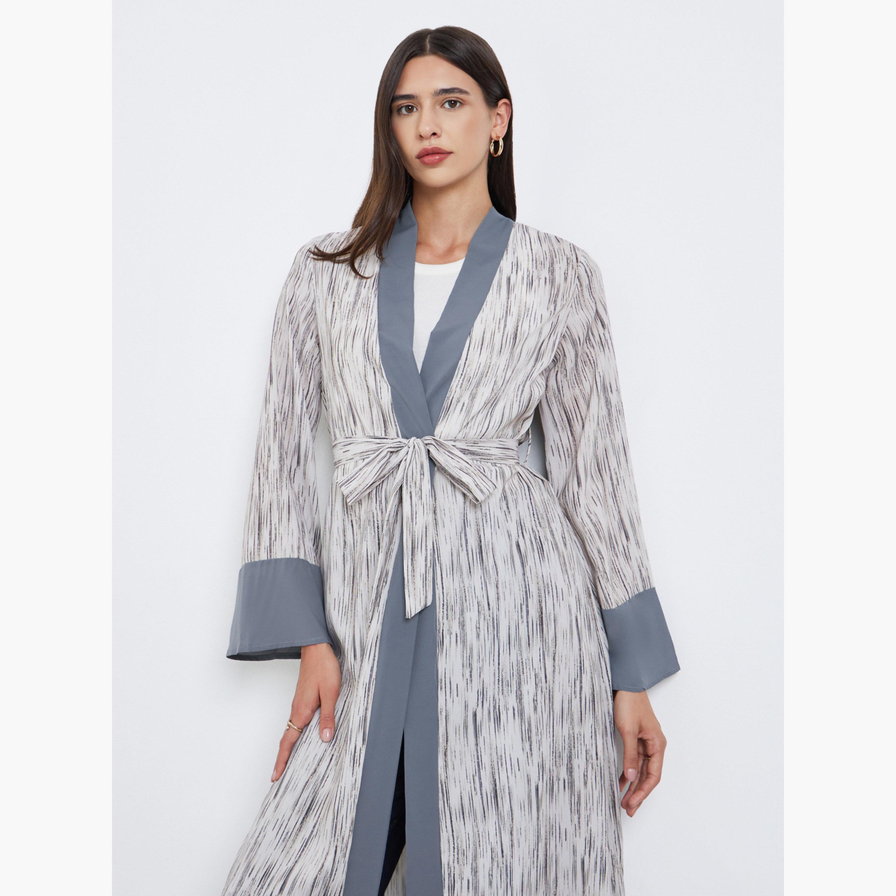 Take Two Women Contrast Trim Printed Abaya with Tie Belt-women-arabicclothing-abayas-image-3