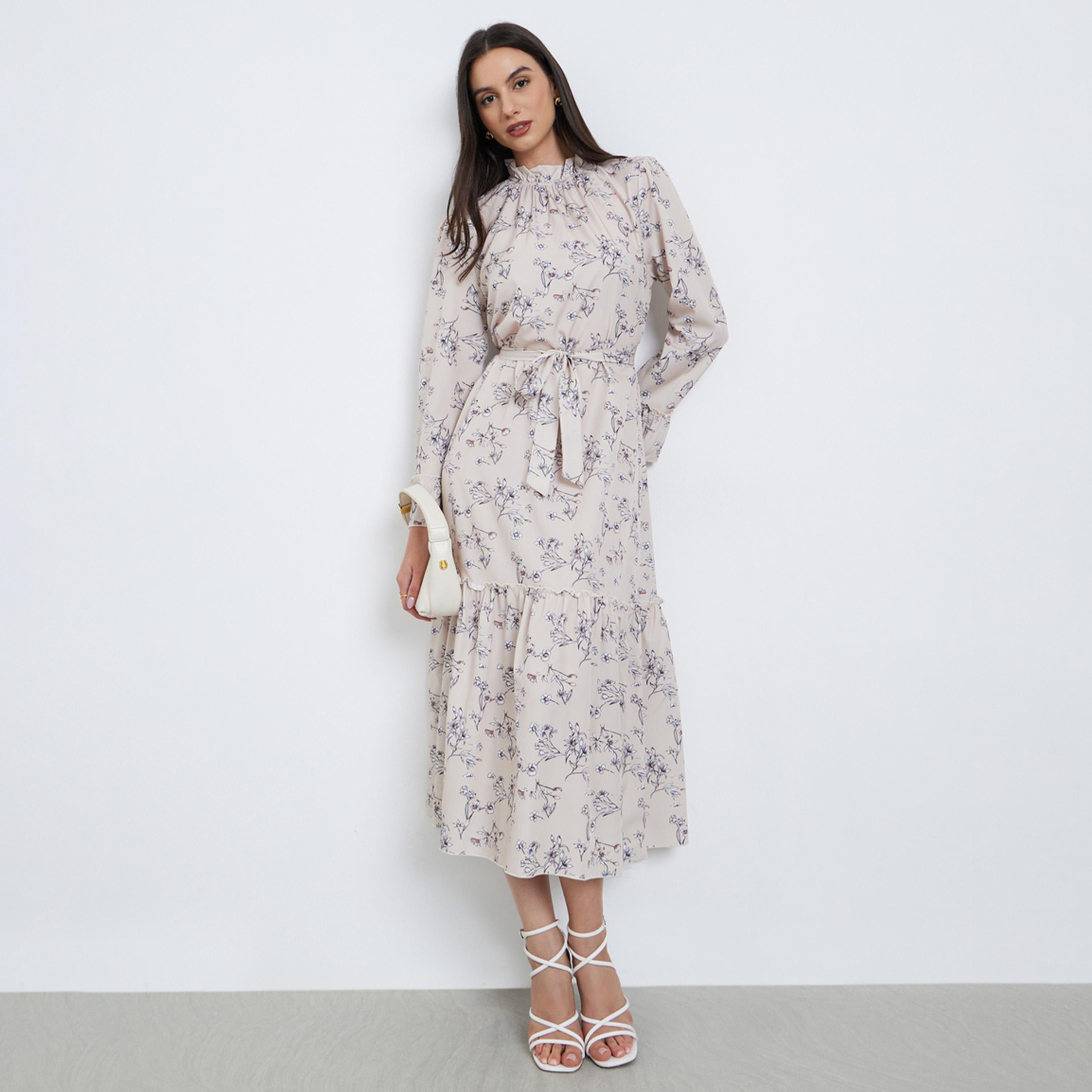 تيك تو - فستان ماكسي بيج مطبوع عليه زهور مع رباط على الخصر-women-clothing-dresses-image-1