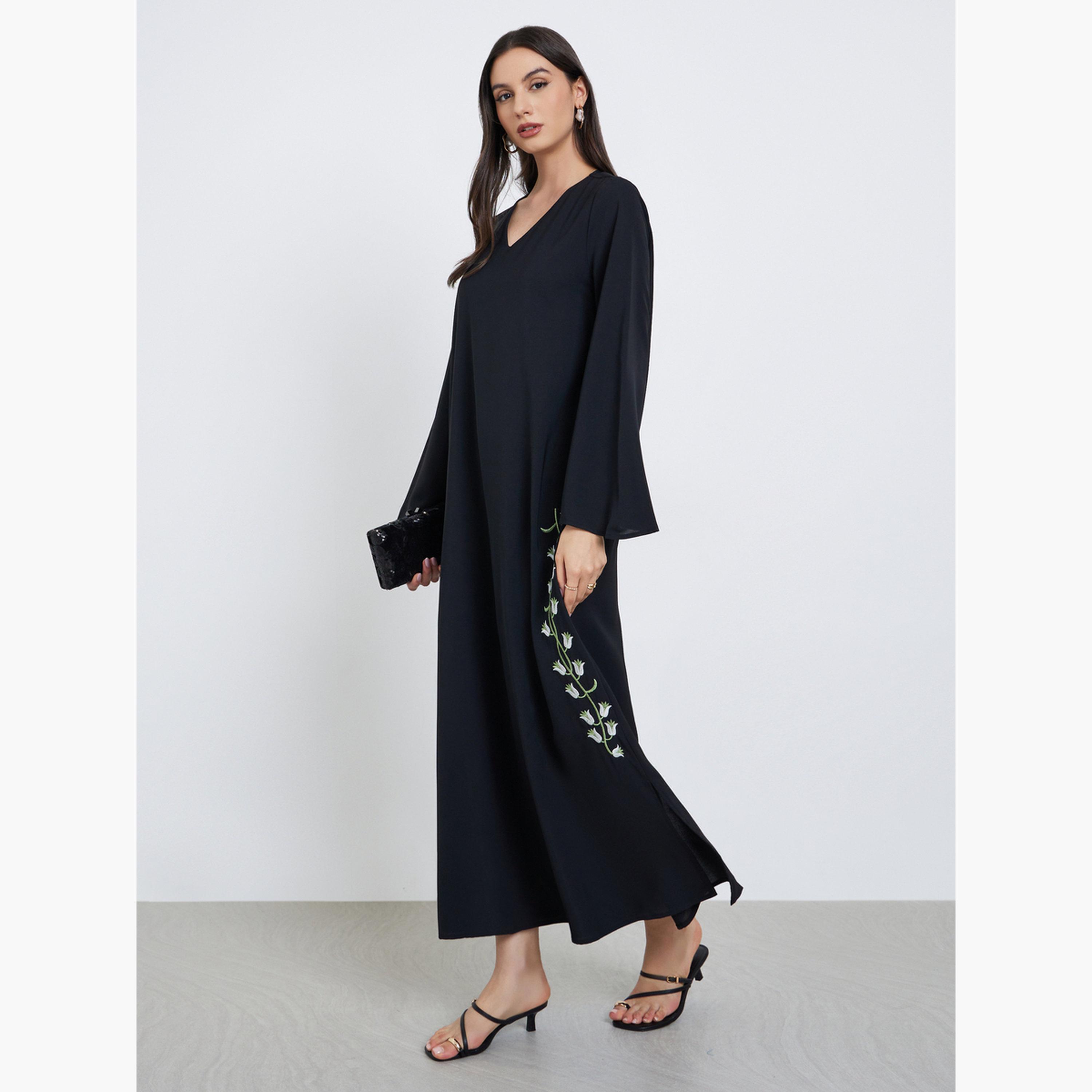 Take Two Black Floral Embroidery Jalabiya with Slit Hem-women-arabicclothing-jalabiyas-image-2