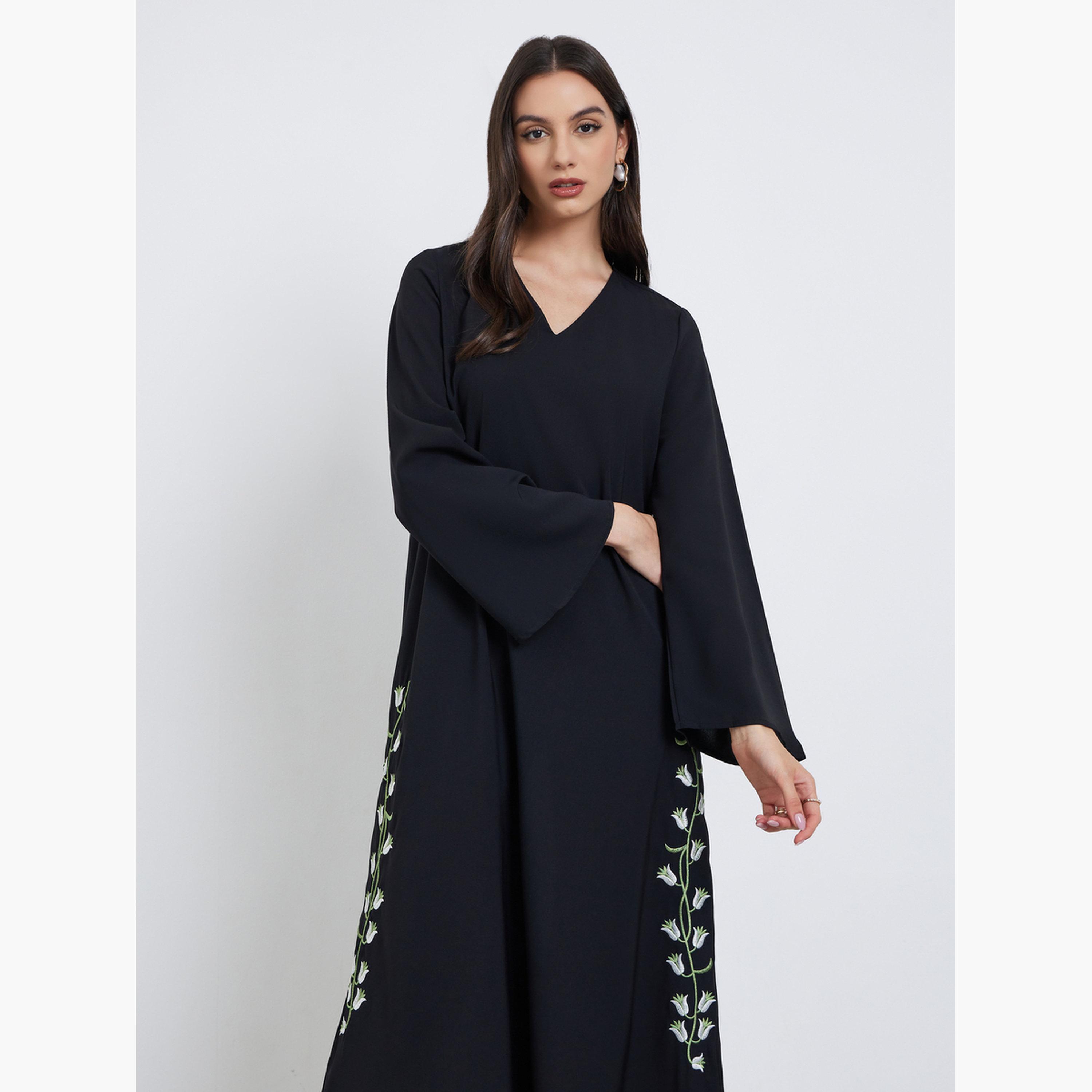 Take Two Black Floral Embroidery Jalabiya with Slit Hem-women-arabicclothing-jalabiyas-image-3