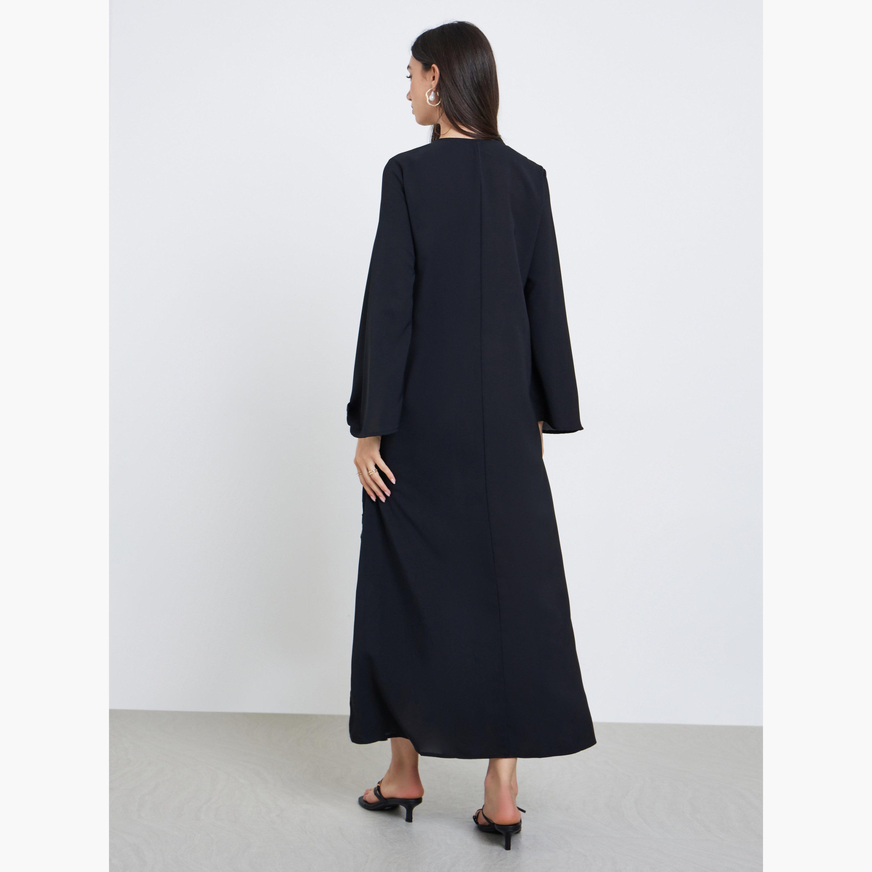 Take Two Black Floral Embroidery Jalabiya with Slit Hem-women-arabicclothing-jalabiyas-image-4