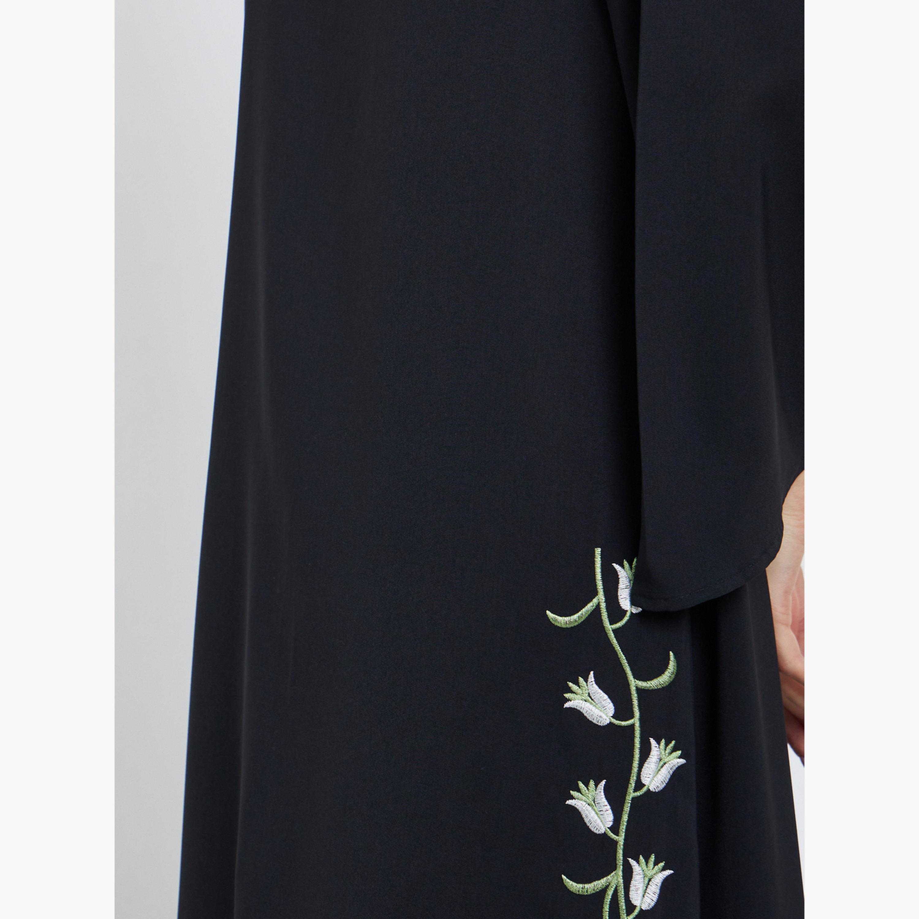 Take Two Black Floral Embroidery Jalabiya with Slit Hem-women-arabicclothing-jalabiyas-image-5
