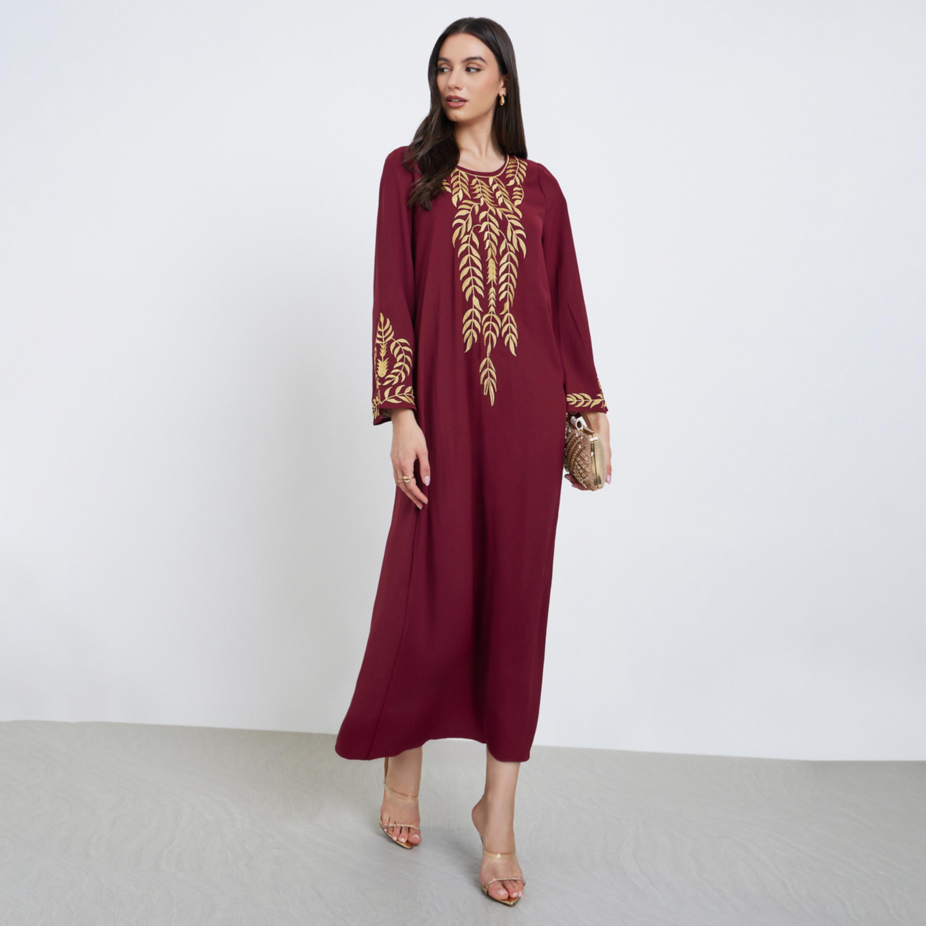 Take Two Burgundy Leaf Embroidery Jalabiya-women-arabicclothing-jalabiyas-image-1