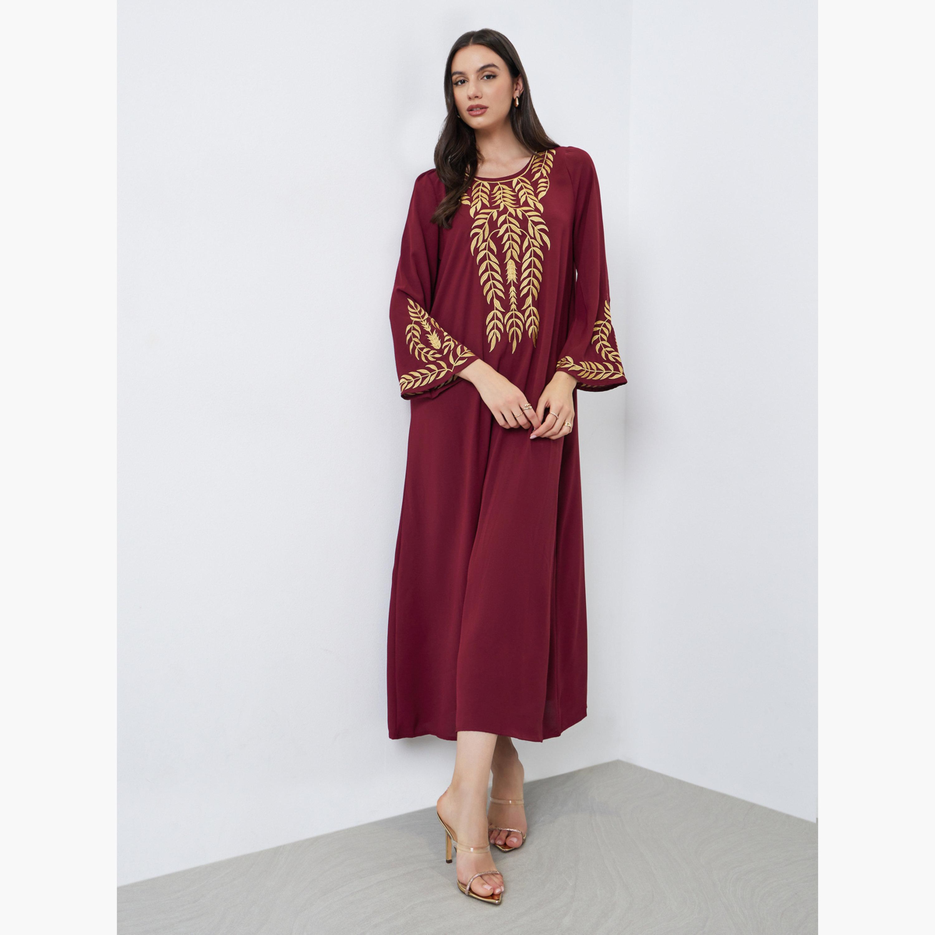 Take Two Burgundy Leaf Embroidery Jalabiya-women-arabicclothing-jalabiyas-image-2