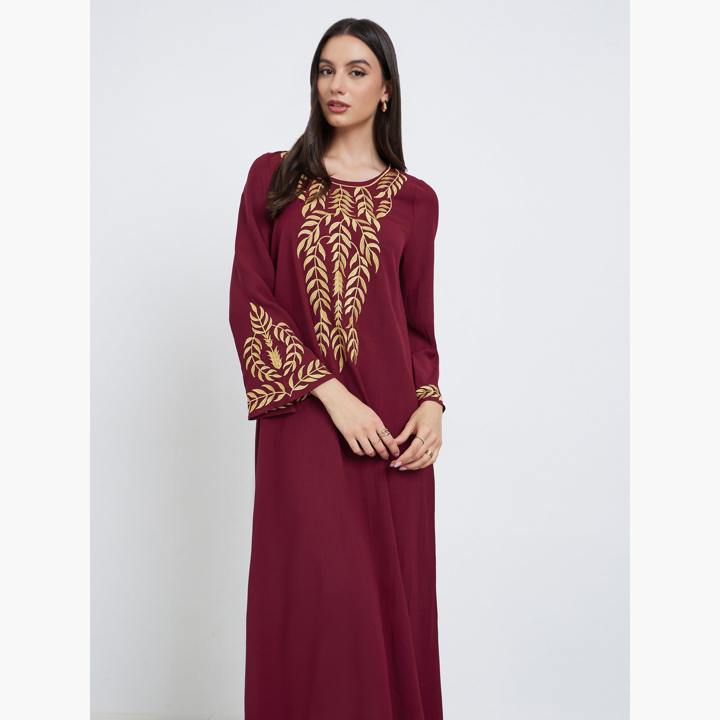 Take Two Burgundy Leaf Embroidery Jalabiya-women-arabicclothing-jalabiyas-image-3