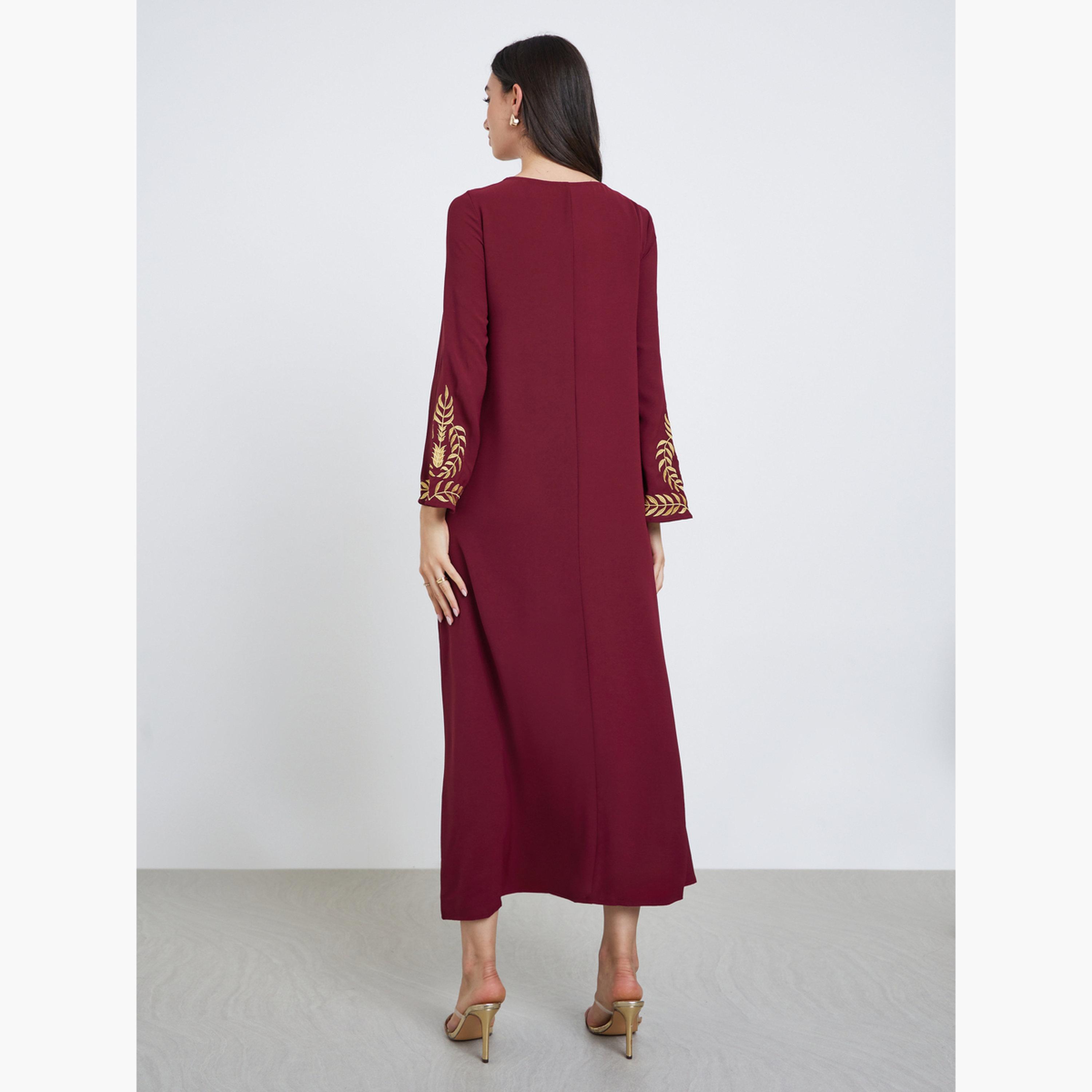 Take Two Burgundy Leaf Embroidery Jalabiya-women-arabicclothing-jalabiyas-image-4
