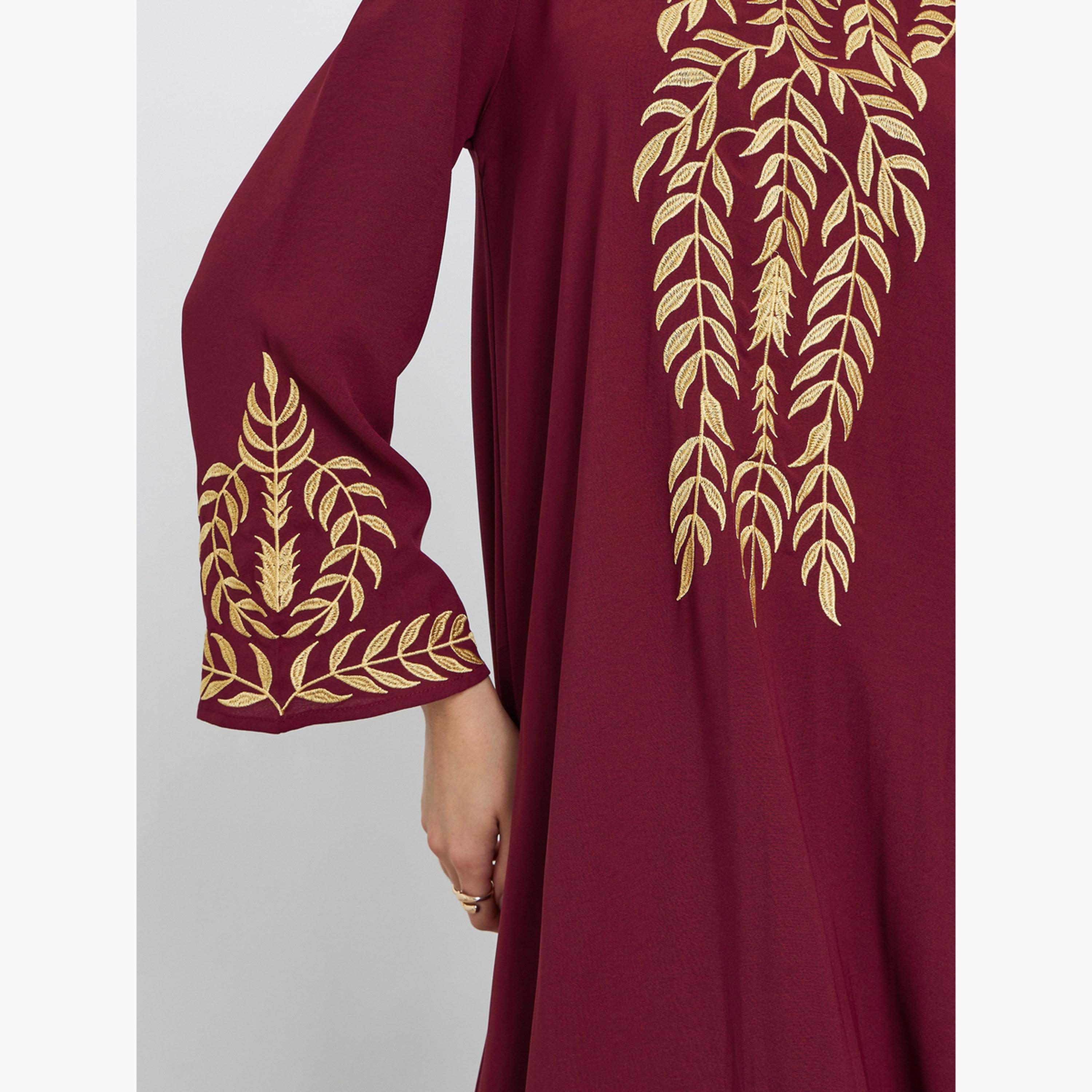 Take Two Burgundy Leaf Embroidery Jalabiya-women-arabicclothing-jalabiyas-image-5