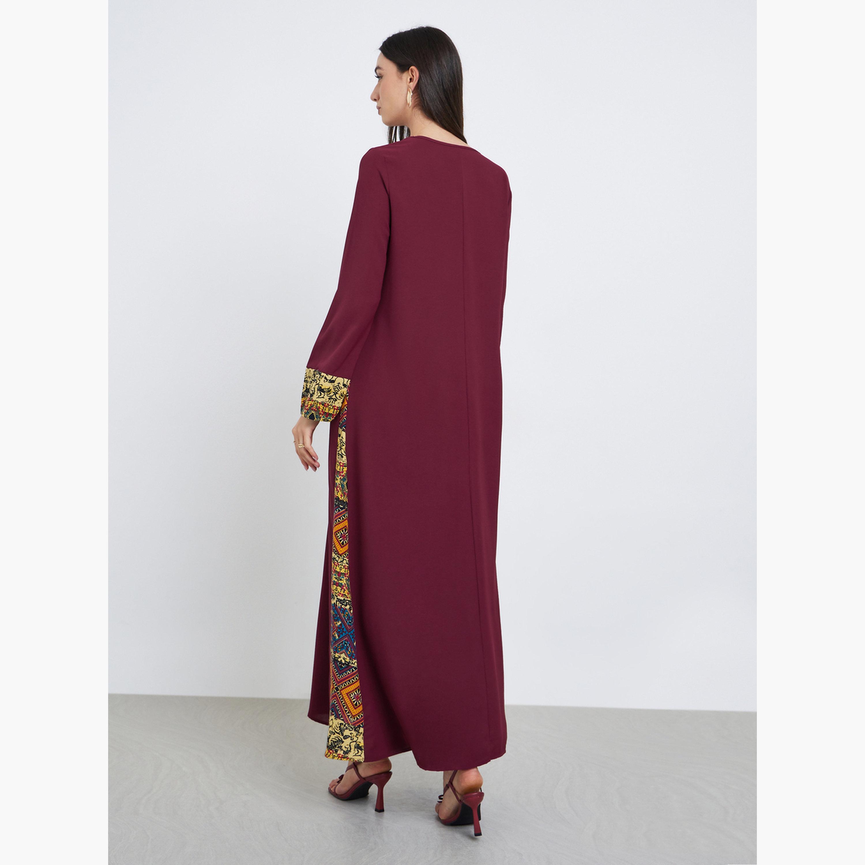 تيك تو - جلابية بلوحة جانبية مطبوعة لون برغندي-women-arabicclothing-jalabiyas-image-3