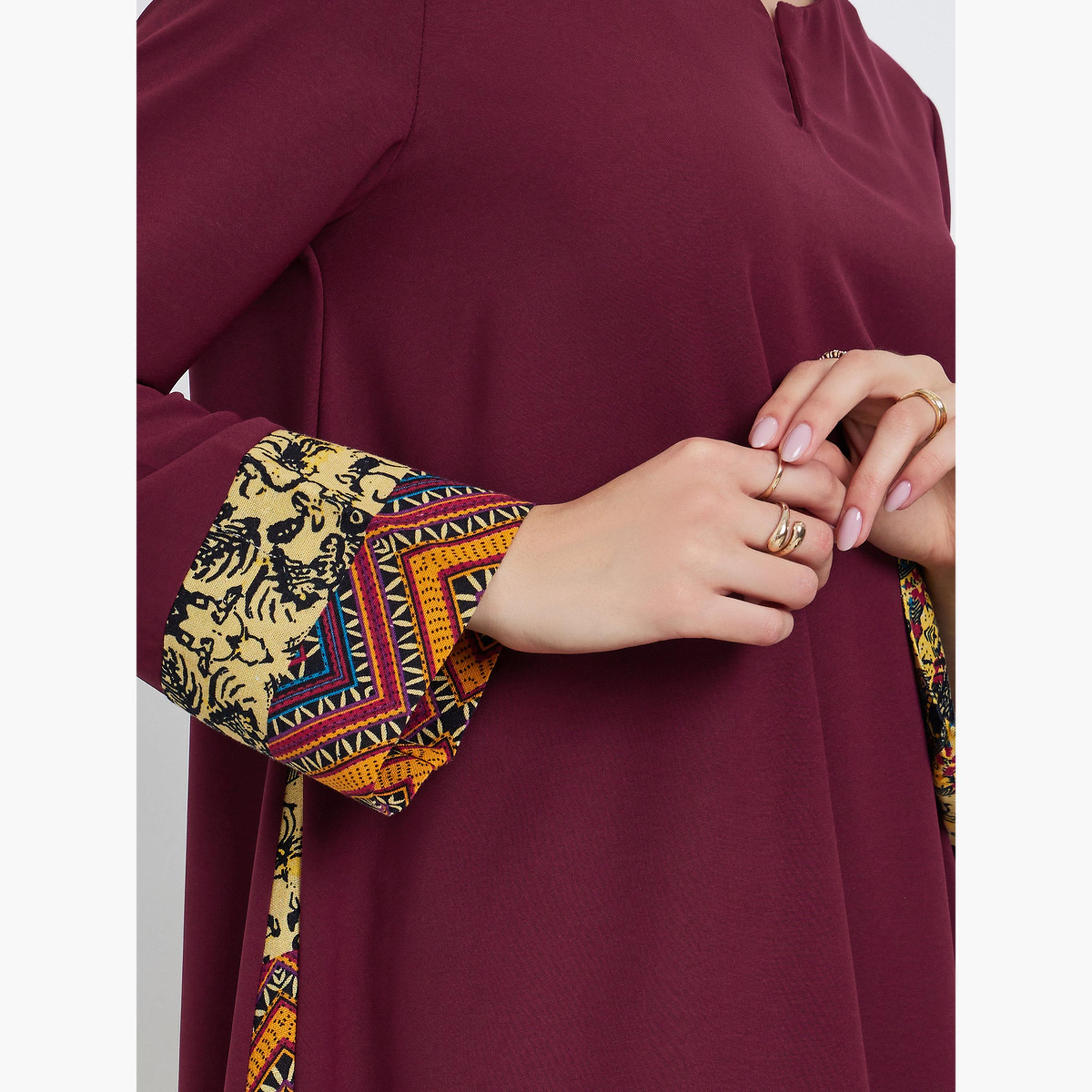 تيك تو - جلابية بلوحة جانبية مطبوعة لون برغندي-women-arabicclothing-jalabiyas-image-4