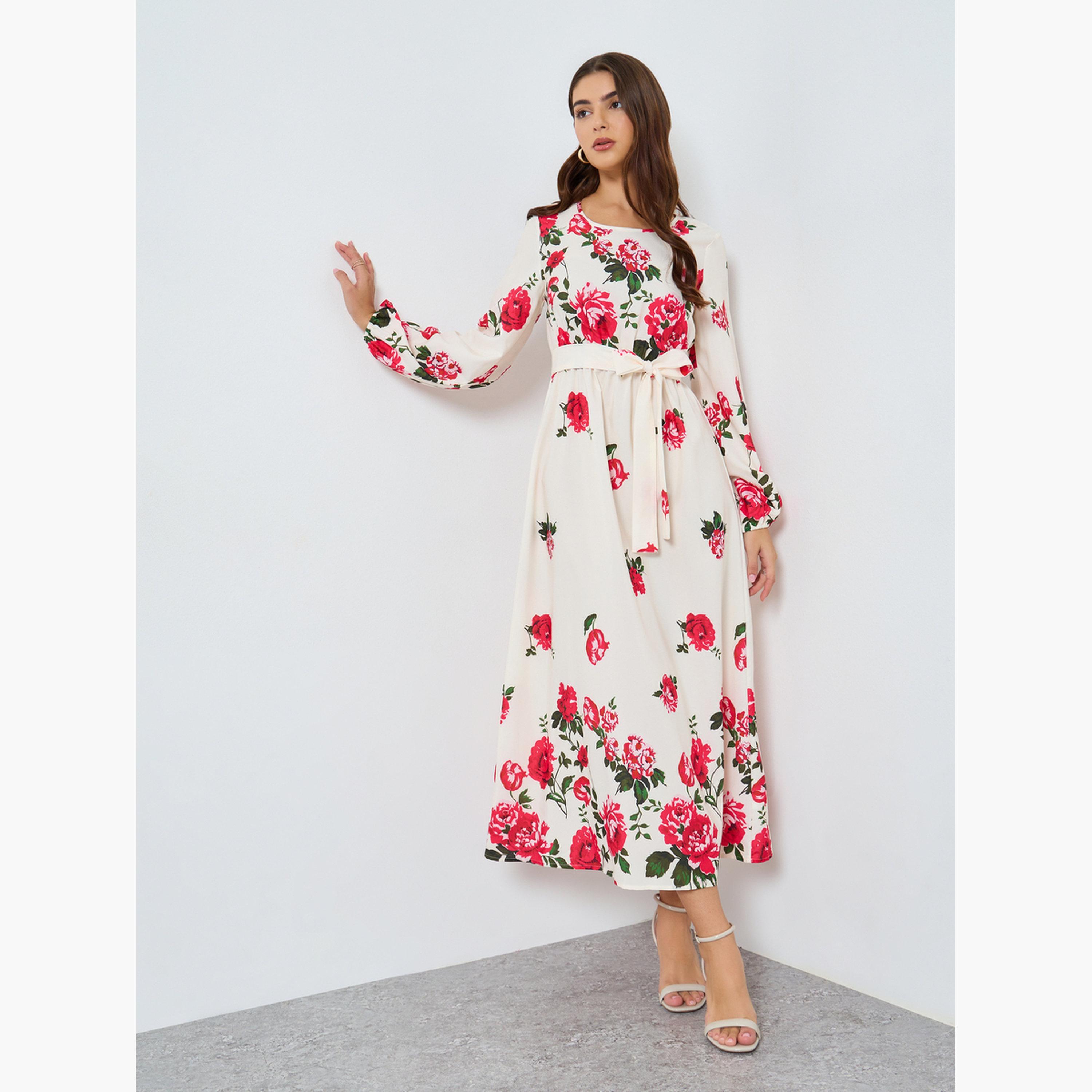 Take Two Women Floral Printed Tie Waist Elastic Cuffs Maxi Dress-women-clothing-dresses-image-1