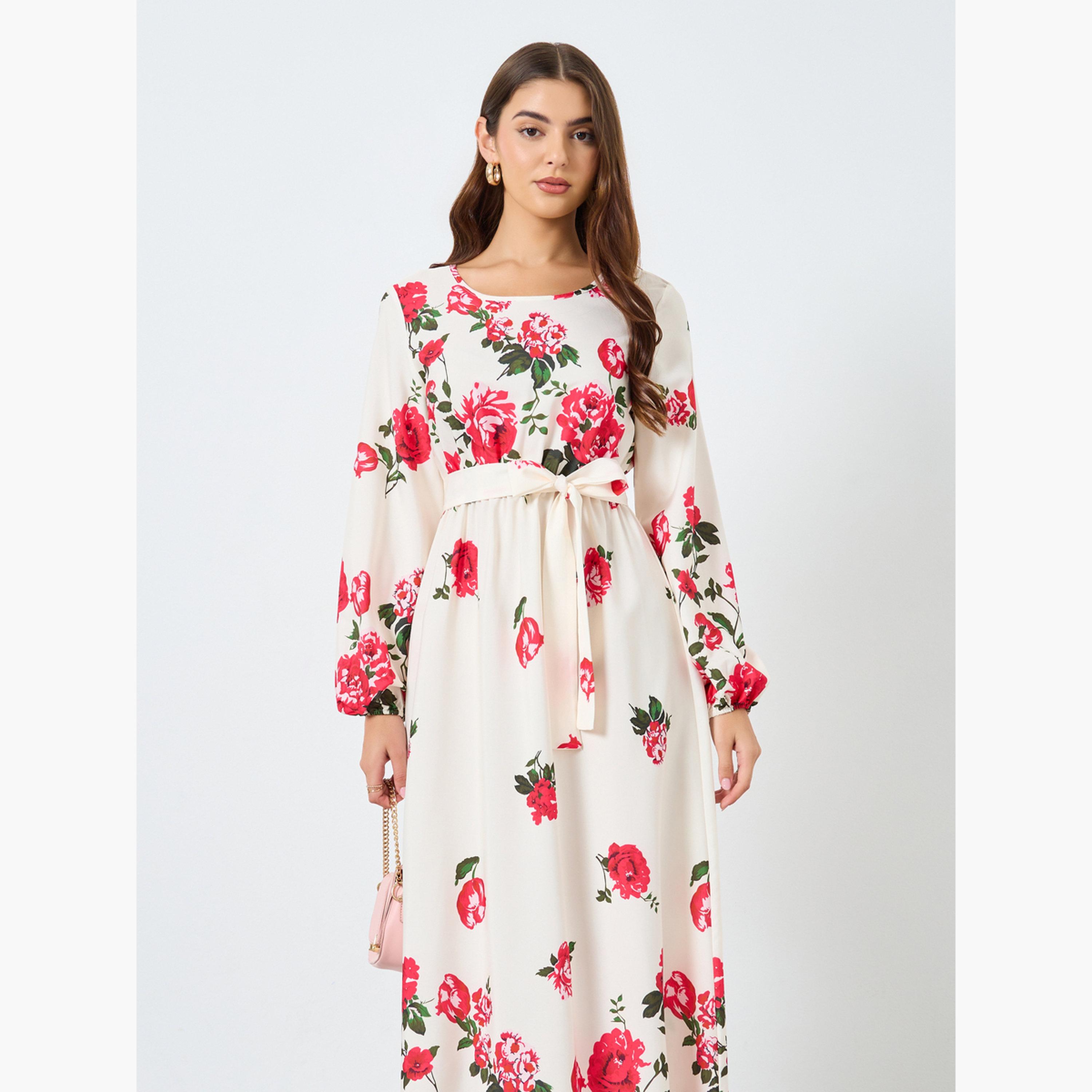 تيك تو - فستان ماكسي نقشة زهور مع رباط خصر وأكمام مرنة للنساء-women-clothing-dresses-image-2