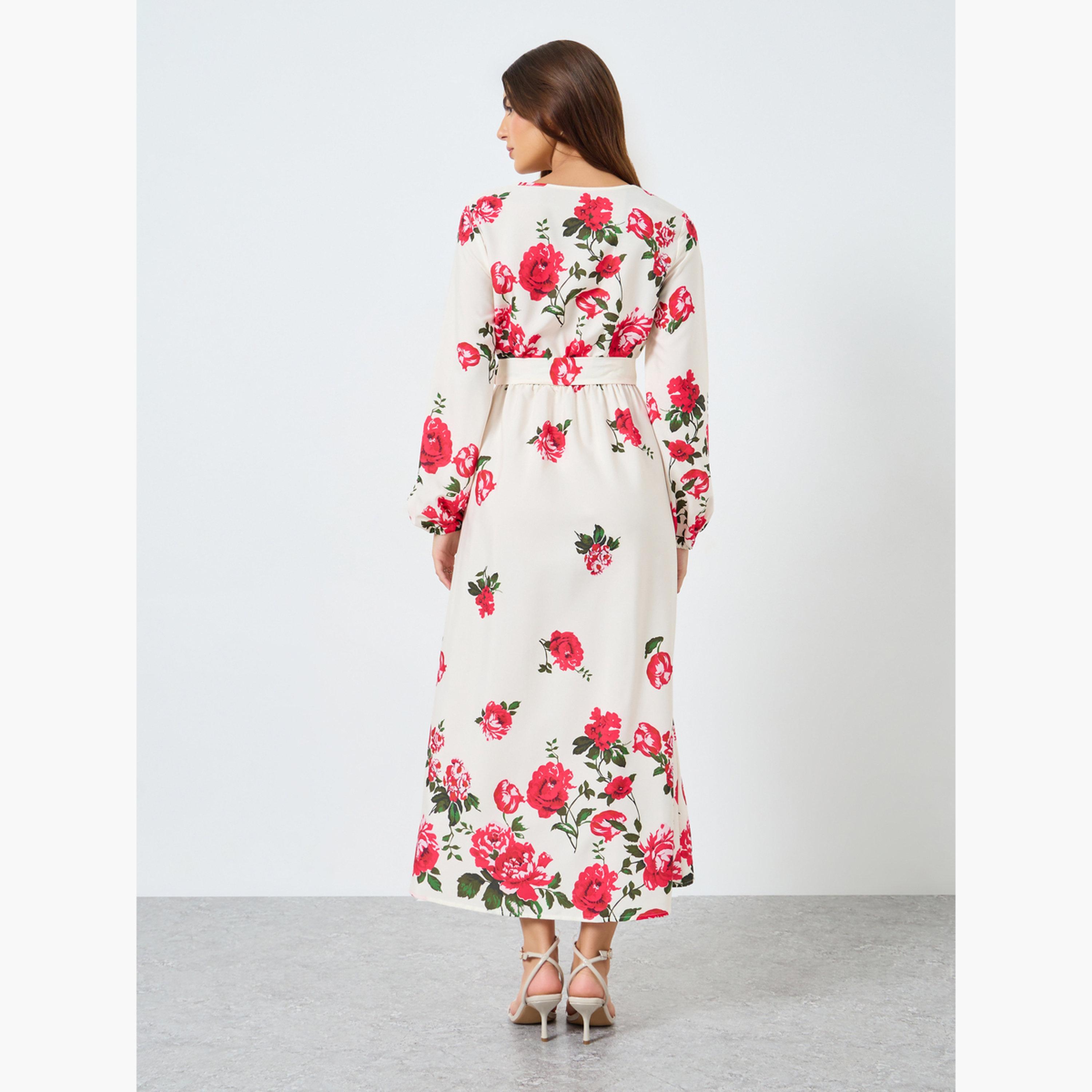 تيك تو - فستان ماكسي نقشة زهور مع رباط خصر وأكمام مرنة للنساء-women-clothing-dresses-image-3