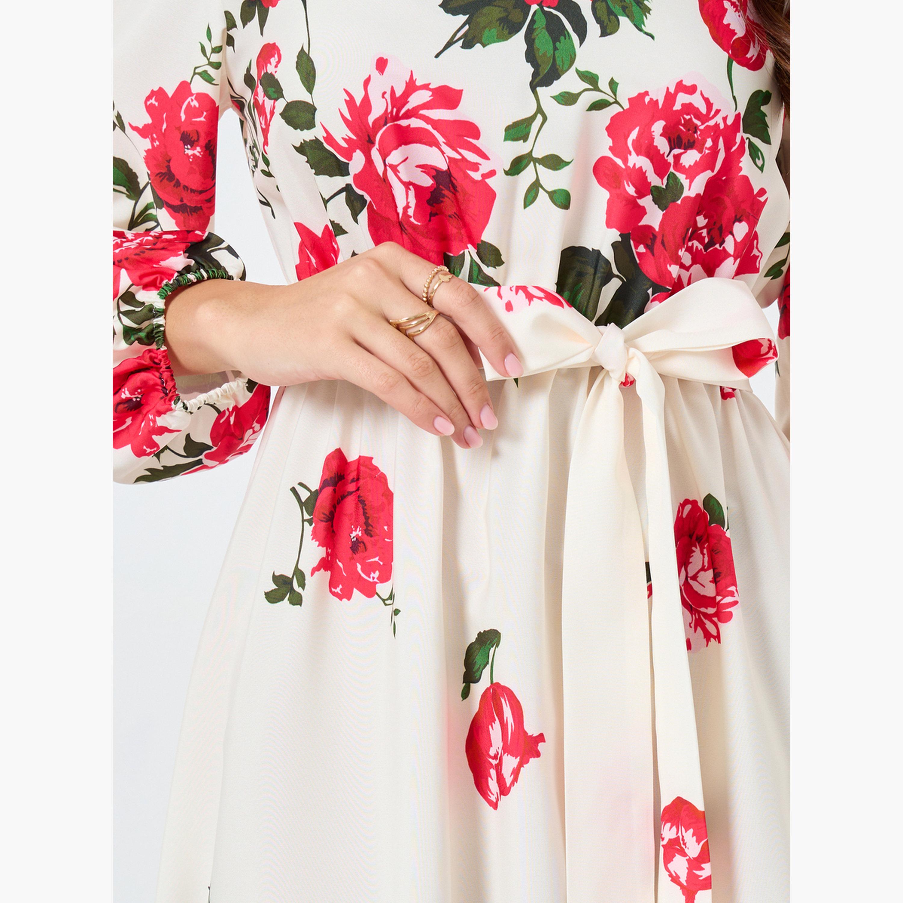 Take Two Women Floral Printed Tie Waist Elastic Cuffs Maxi Dress-women-clothing-dresses-image-4