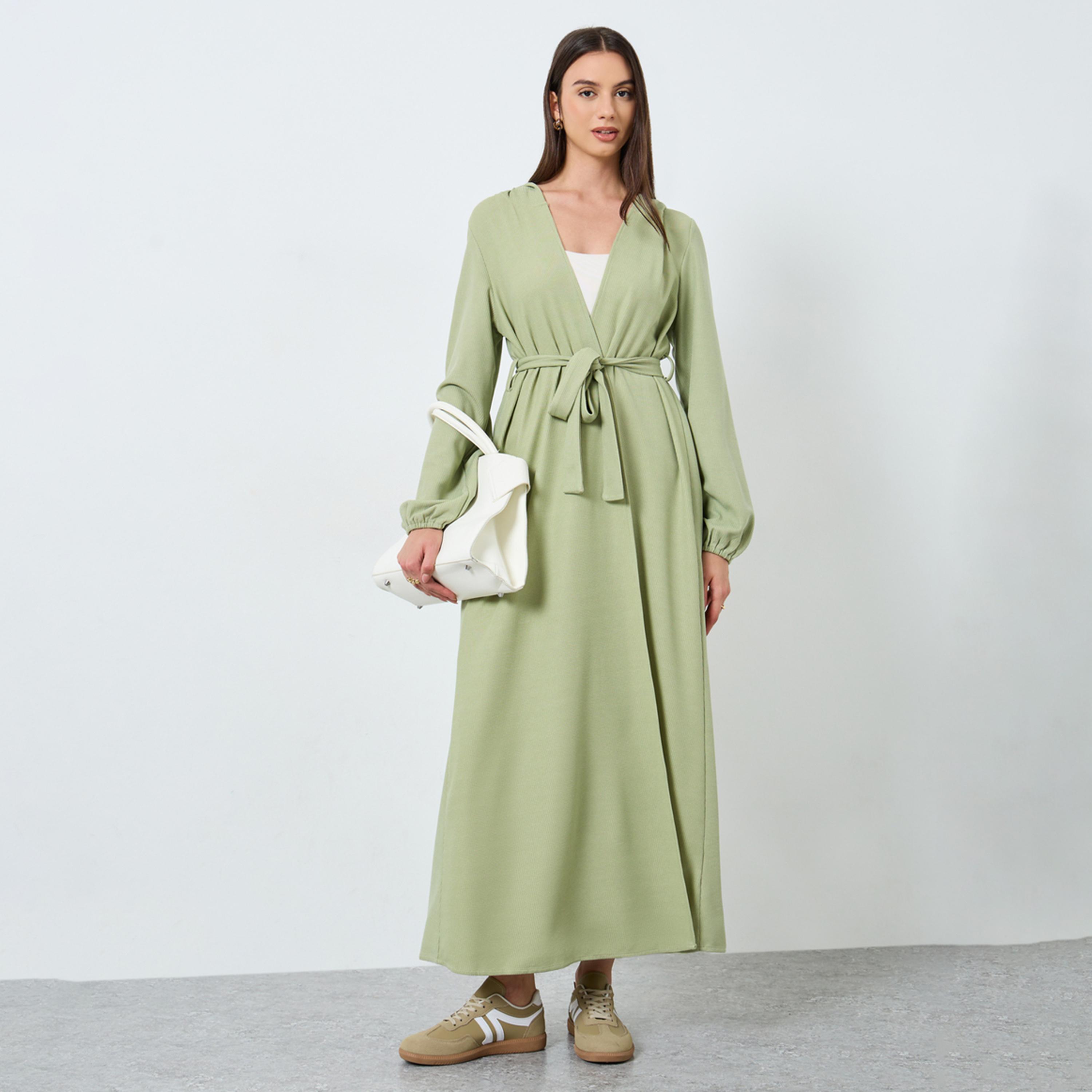 Take Two Green Hooded Abaya with Tie Belt-women-arabicclothing-abayas-image-1