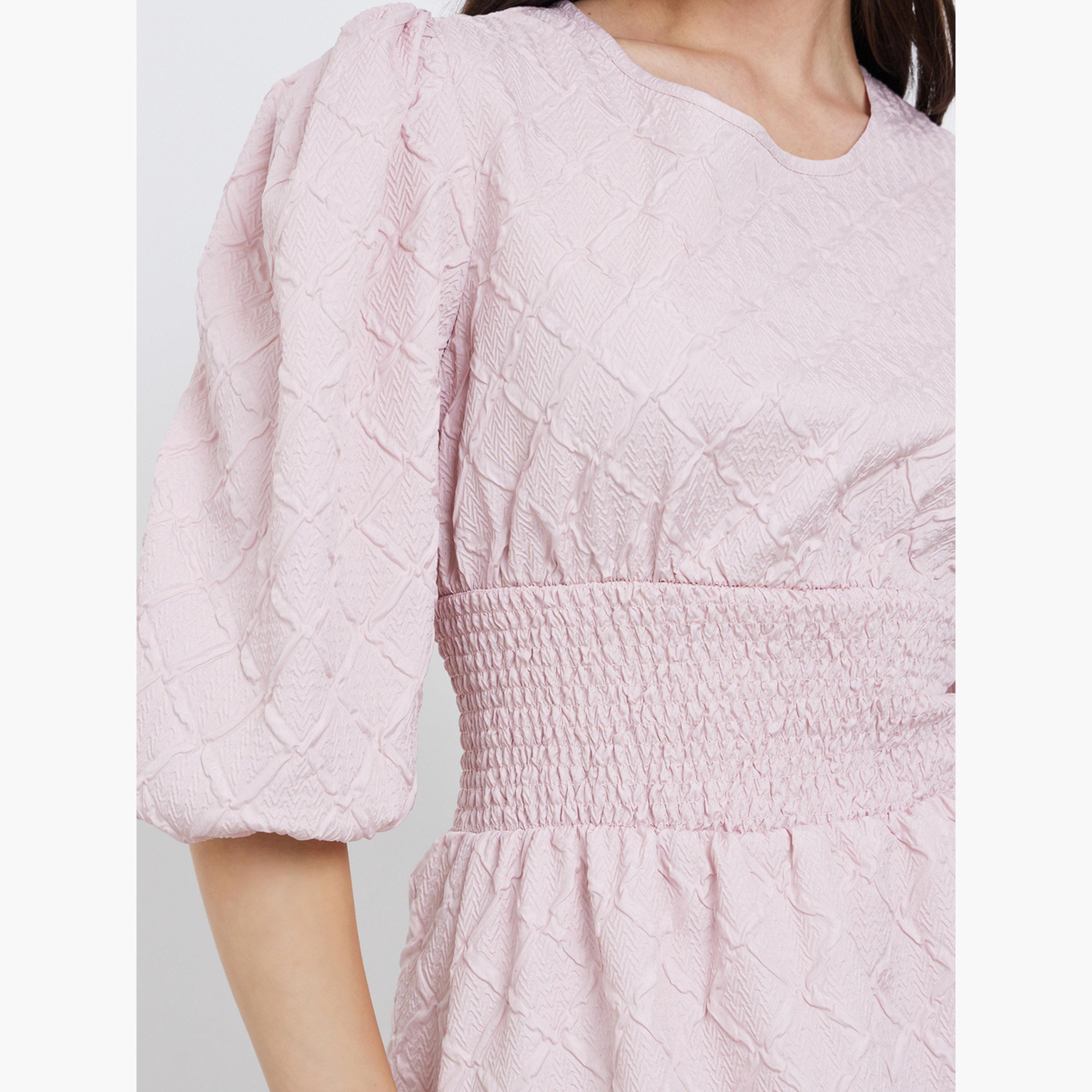 Take Two Pink Textured Puff Sleeve Midi Dress-women-clothing-dresses-image-4
