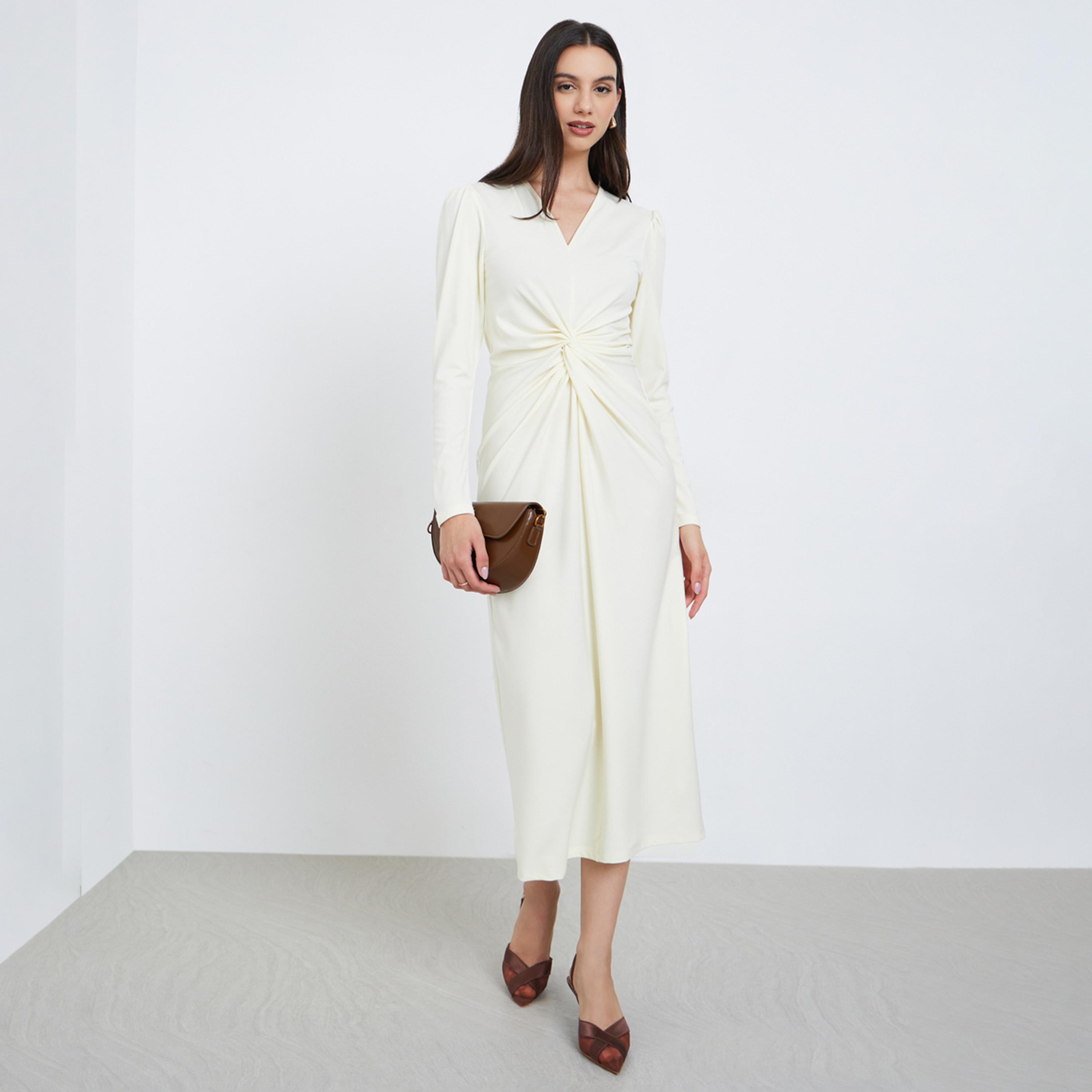 Take Two White Twist Waist V-Neck Midi Dress-women-clothing-dresses-image-1