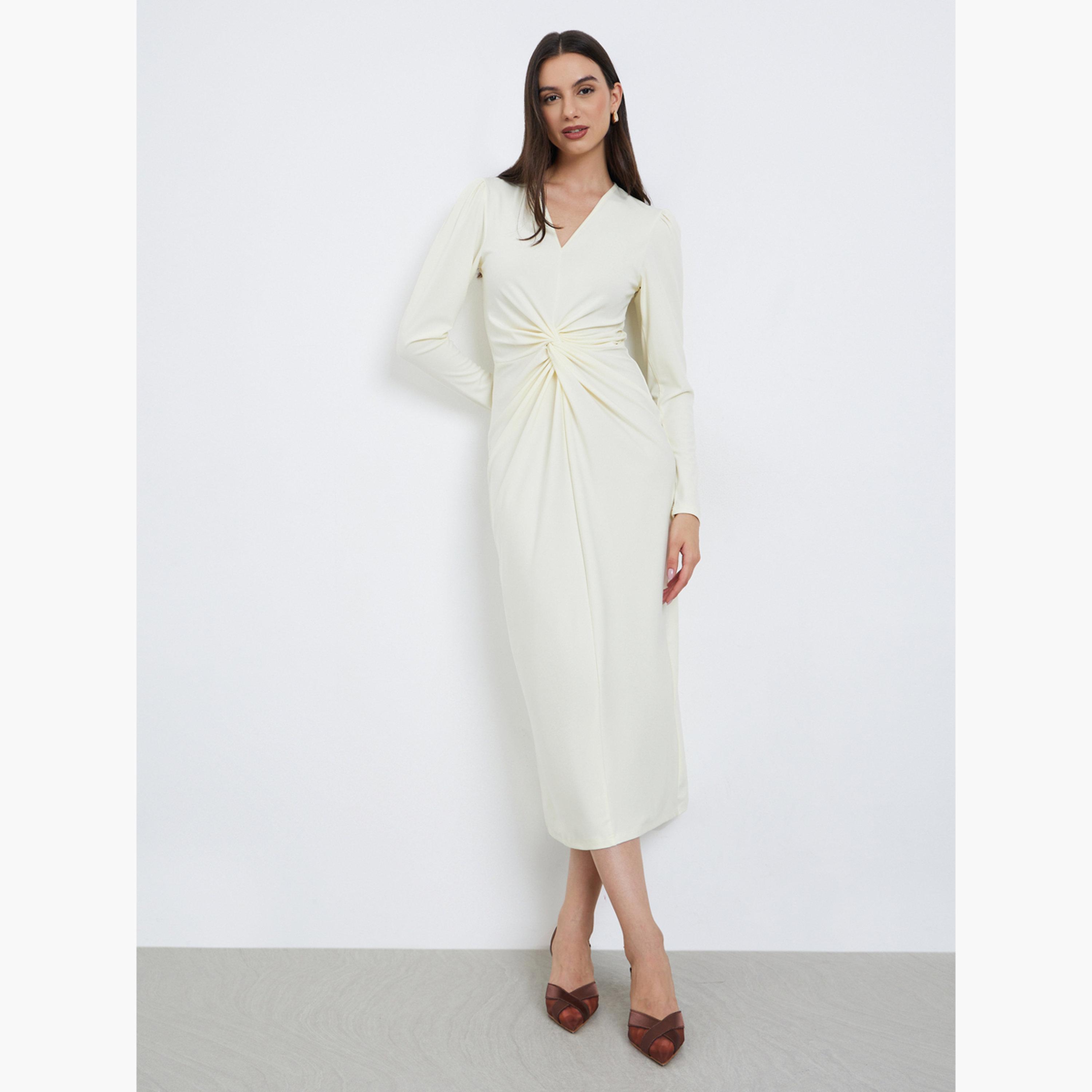 Take Two White Twist Waist V-Neck Midi Dress-women-clothing-dresses-image-2