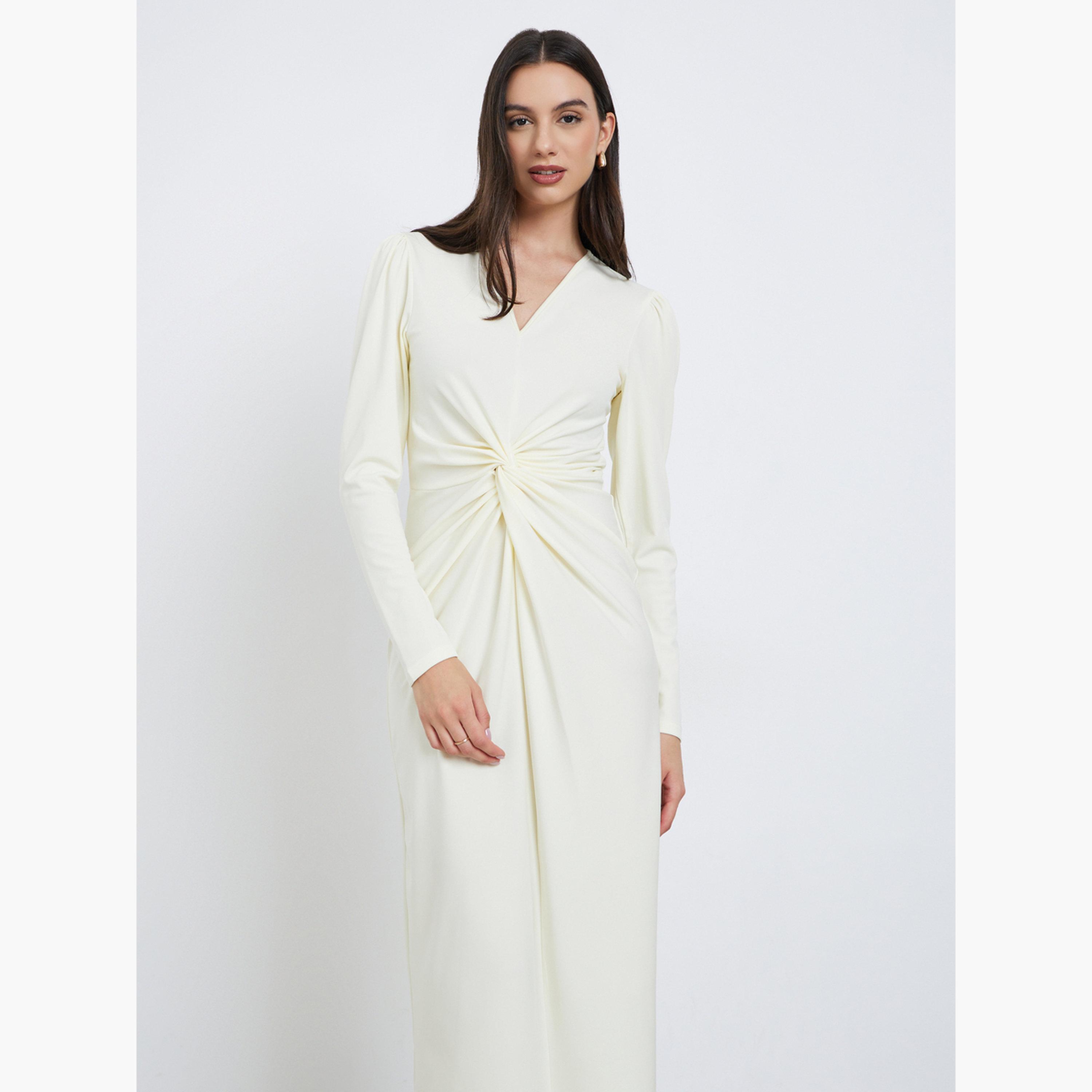 تيك تو - فستان أبيض متوسط ​​الطول بفتحة رقبة على شكل حرف V وخصر ملتوي-women-clothing-dresses-image-3