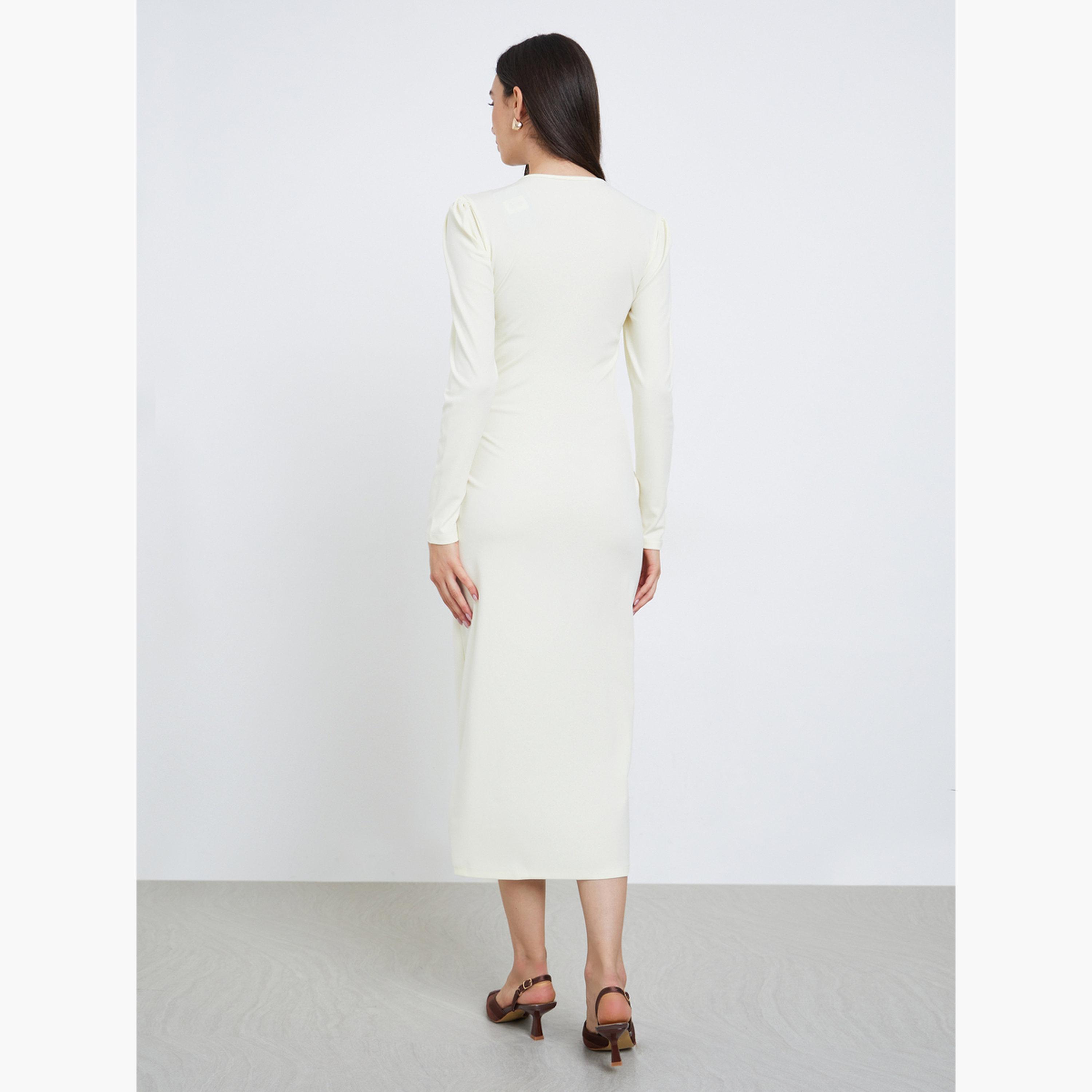 تيك تو - فستان أبيض متوسط ​​الطول بفتحة رقبة على شكل حرف V وخصر ملتوي-women-clothing-dresses-image-5