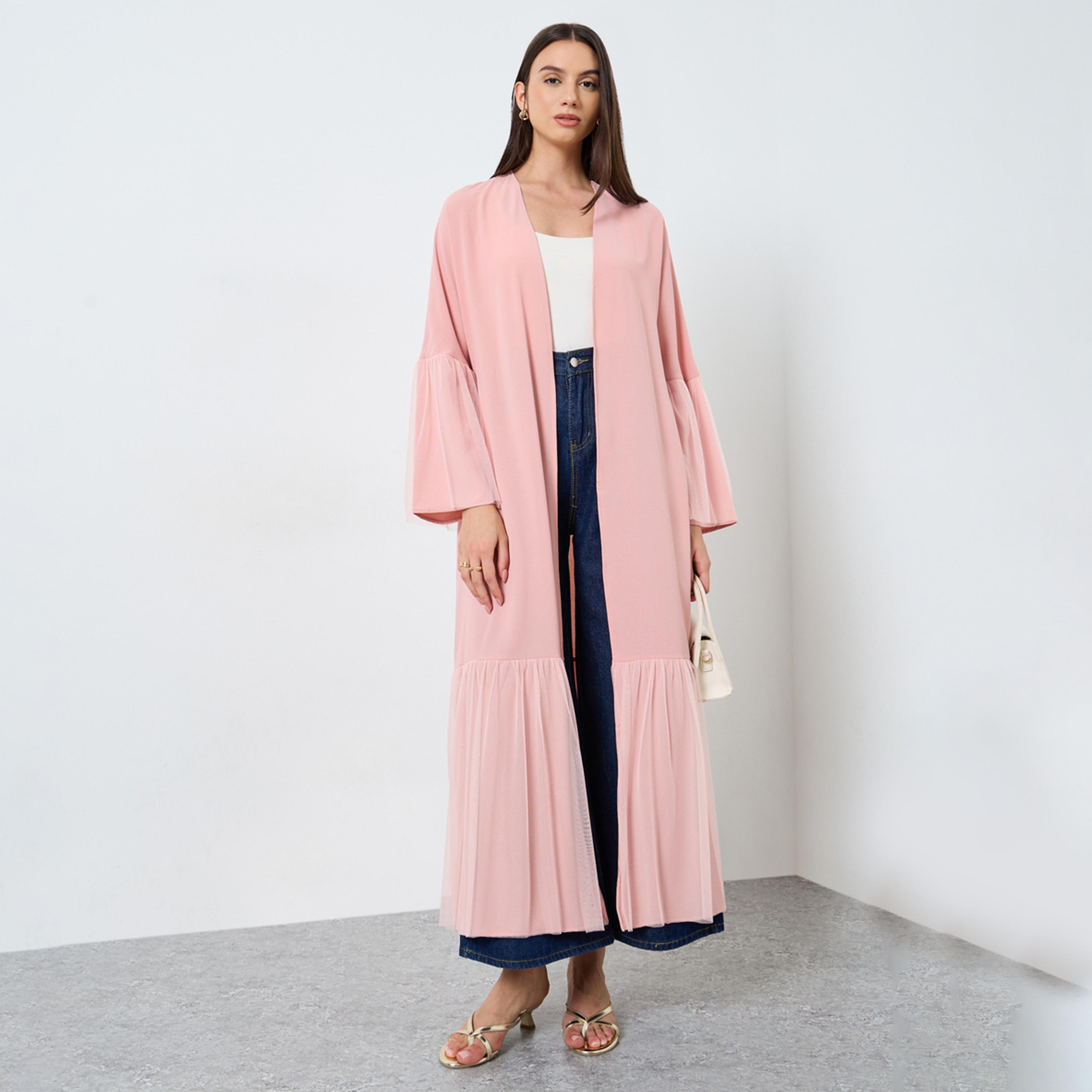 Take Two Pink Mesh Knit Open Front Abaya-women-arabicclothing-abayas-image-1
