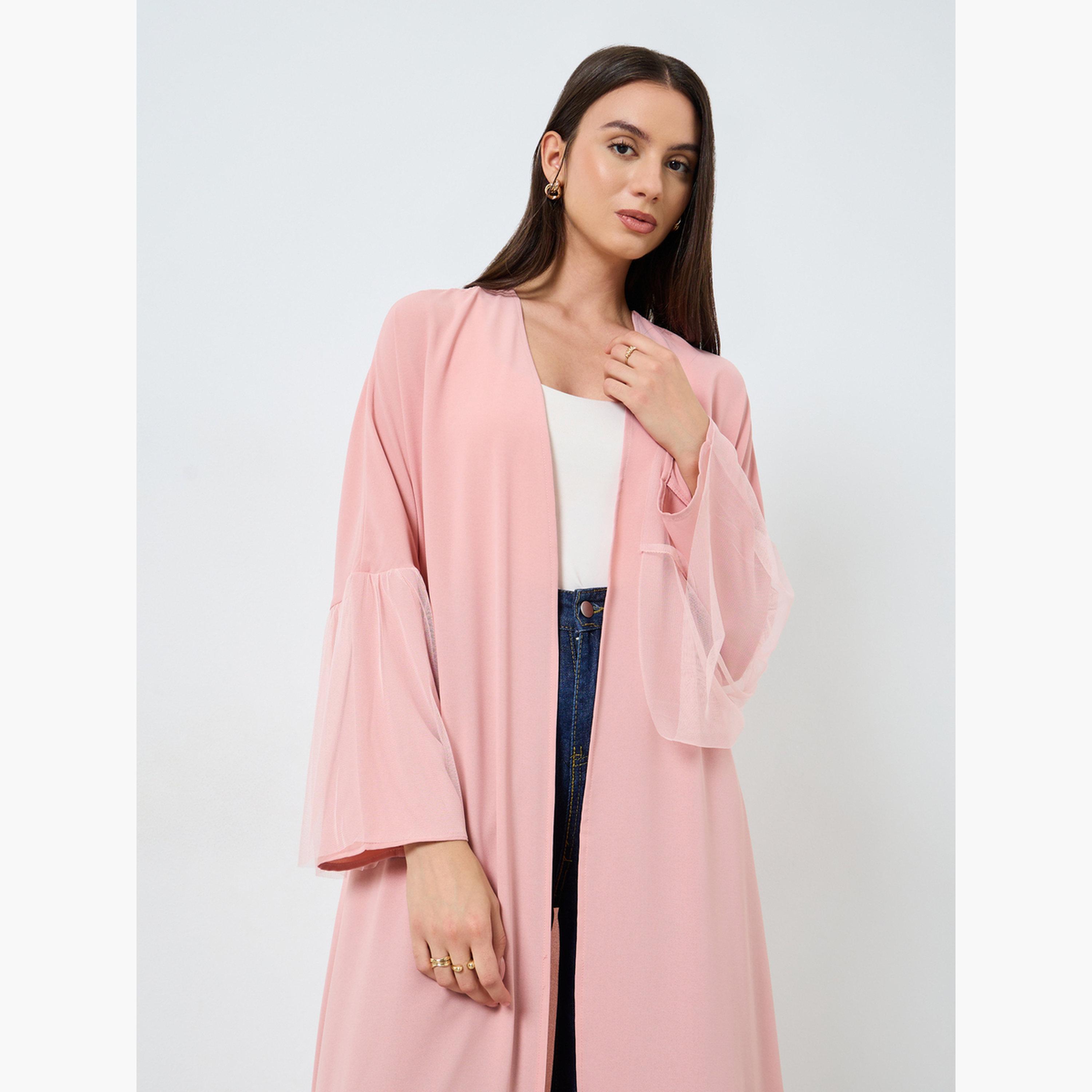 Take Two Pink Mesh Knit Open Front Abaya-women-arabicclothing-abayas-image-2