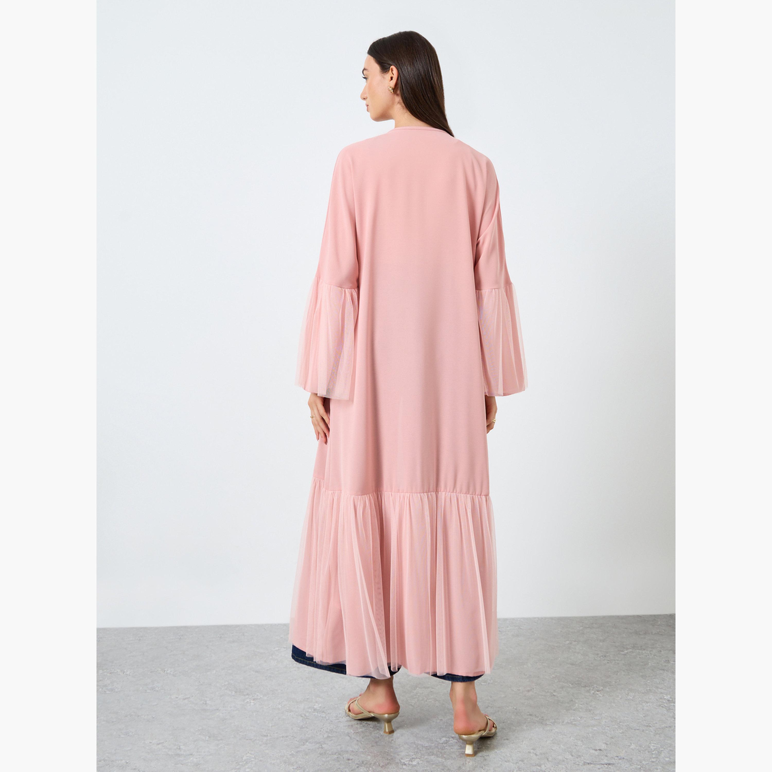 Take Two Pink Mesh Knit Open Front Abaya-women-arabicclothing-abayas-image-3