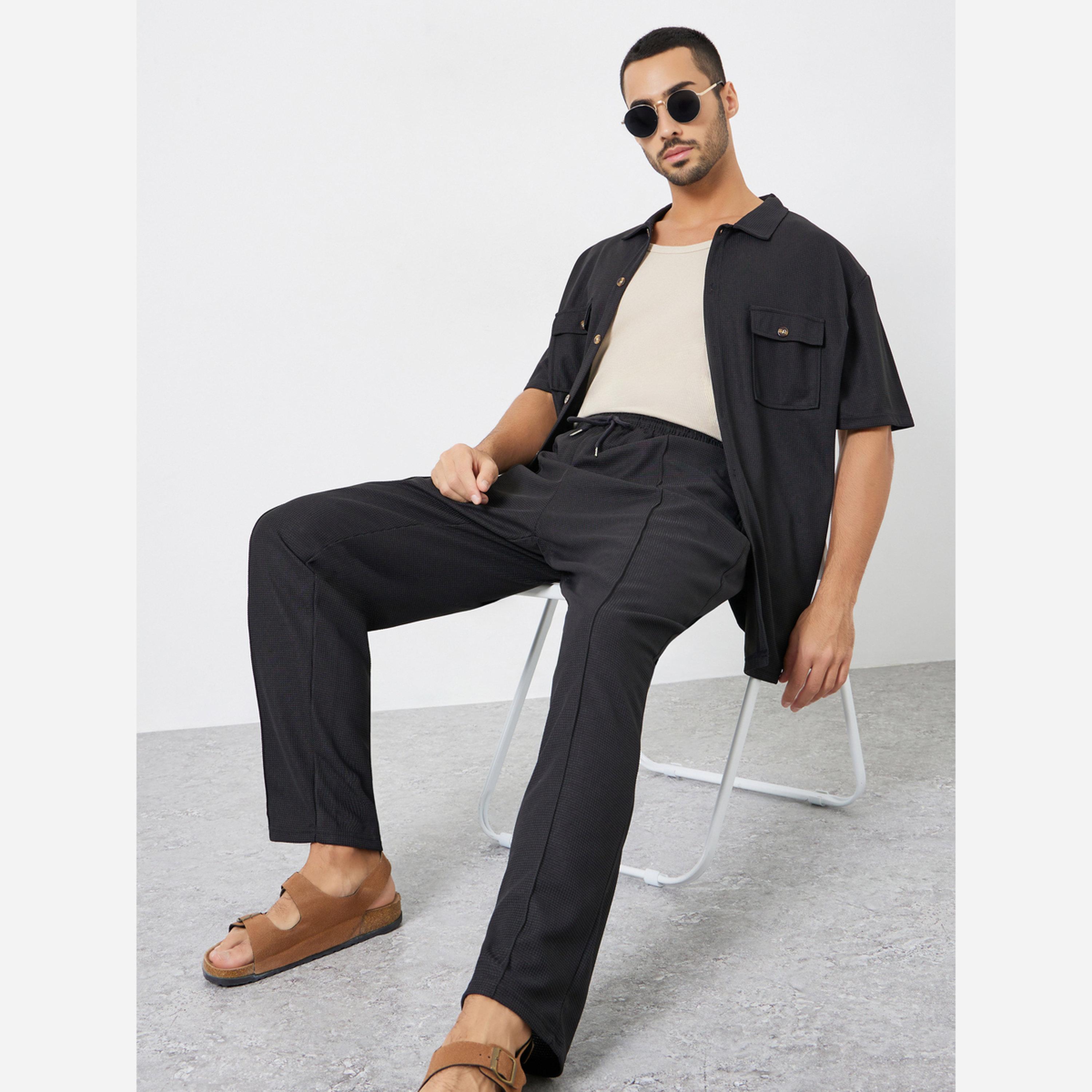 ستايلي - طقم رجالي لون أسود مريح قميص وبنطال-men-clothing-coordsets-image-2