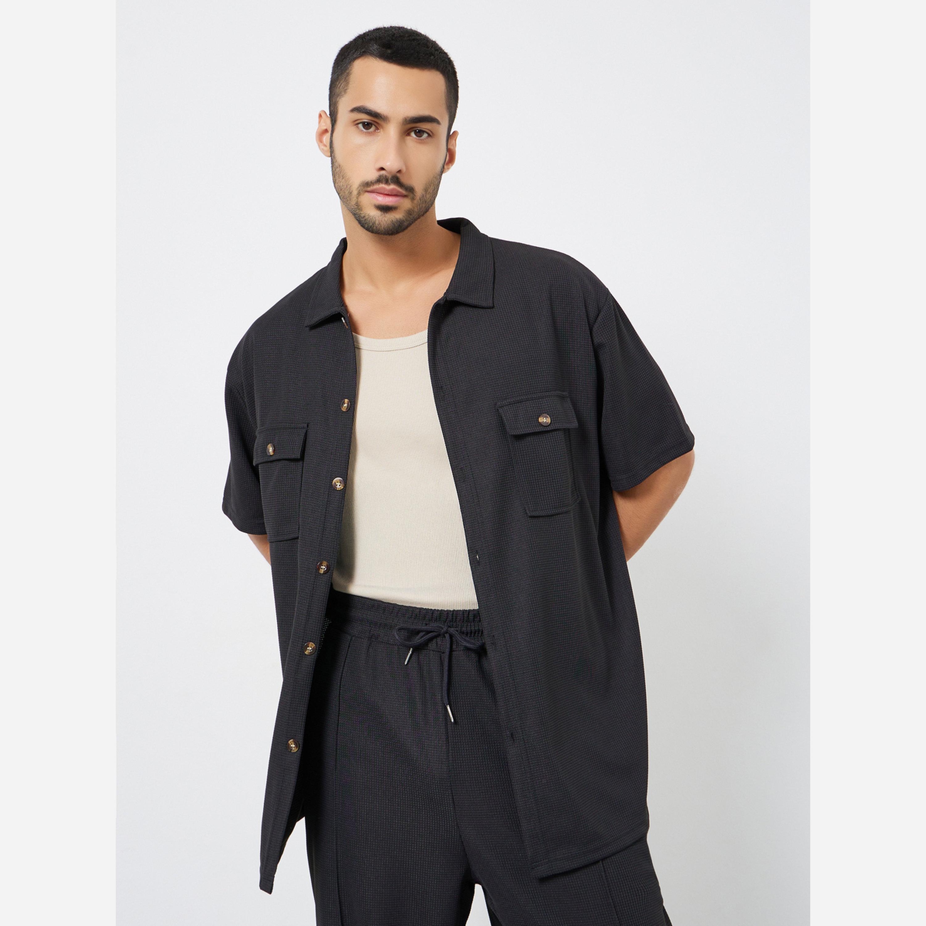 ستايلي - طقم رجالي لون أسود مريح قميص وبنطال-men-clothing-coordsets-image-3