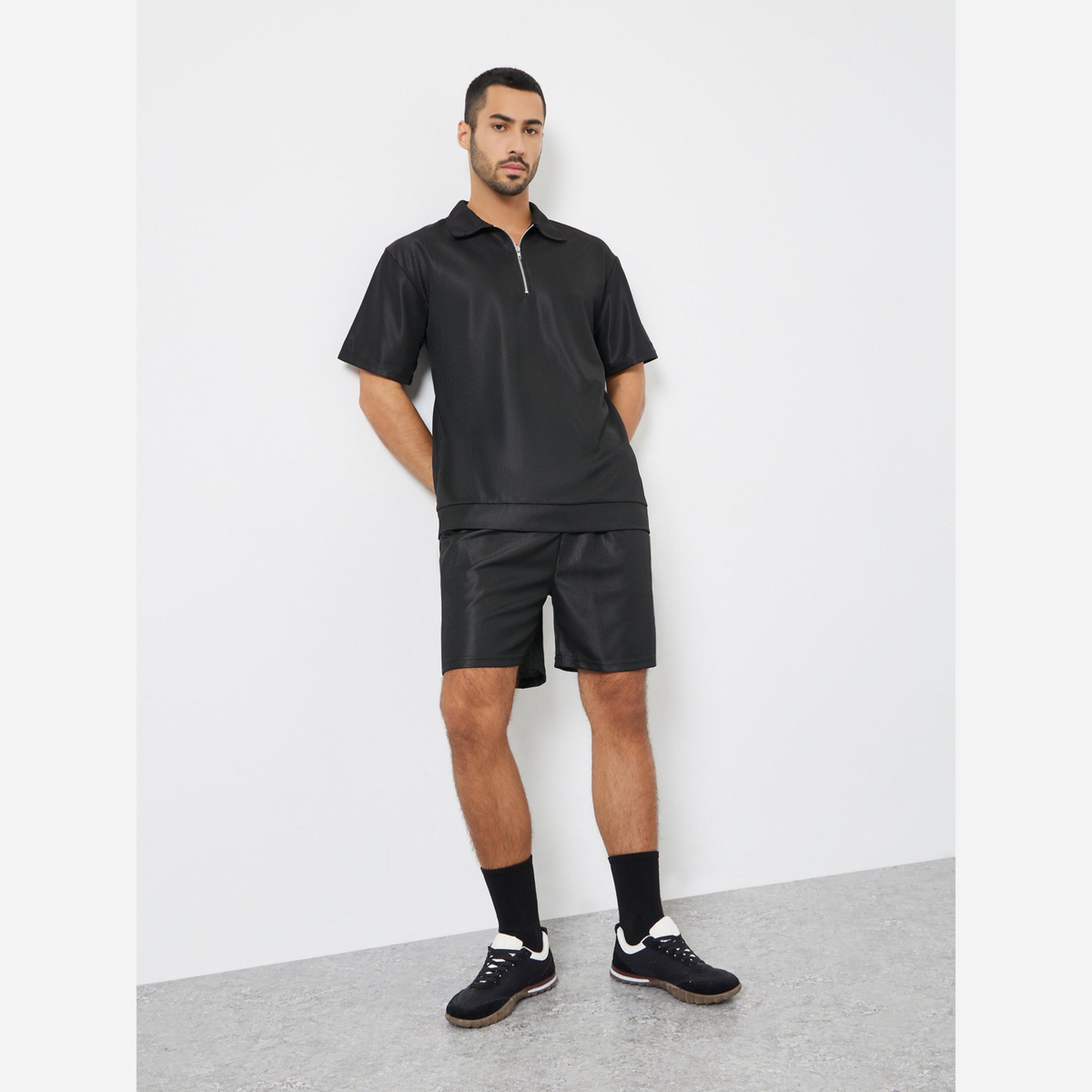 Styli Men Black Oversized Solid Polo and Shorts Co-Ords-men-clothing-coordsets-image-1